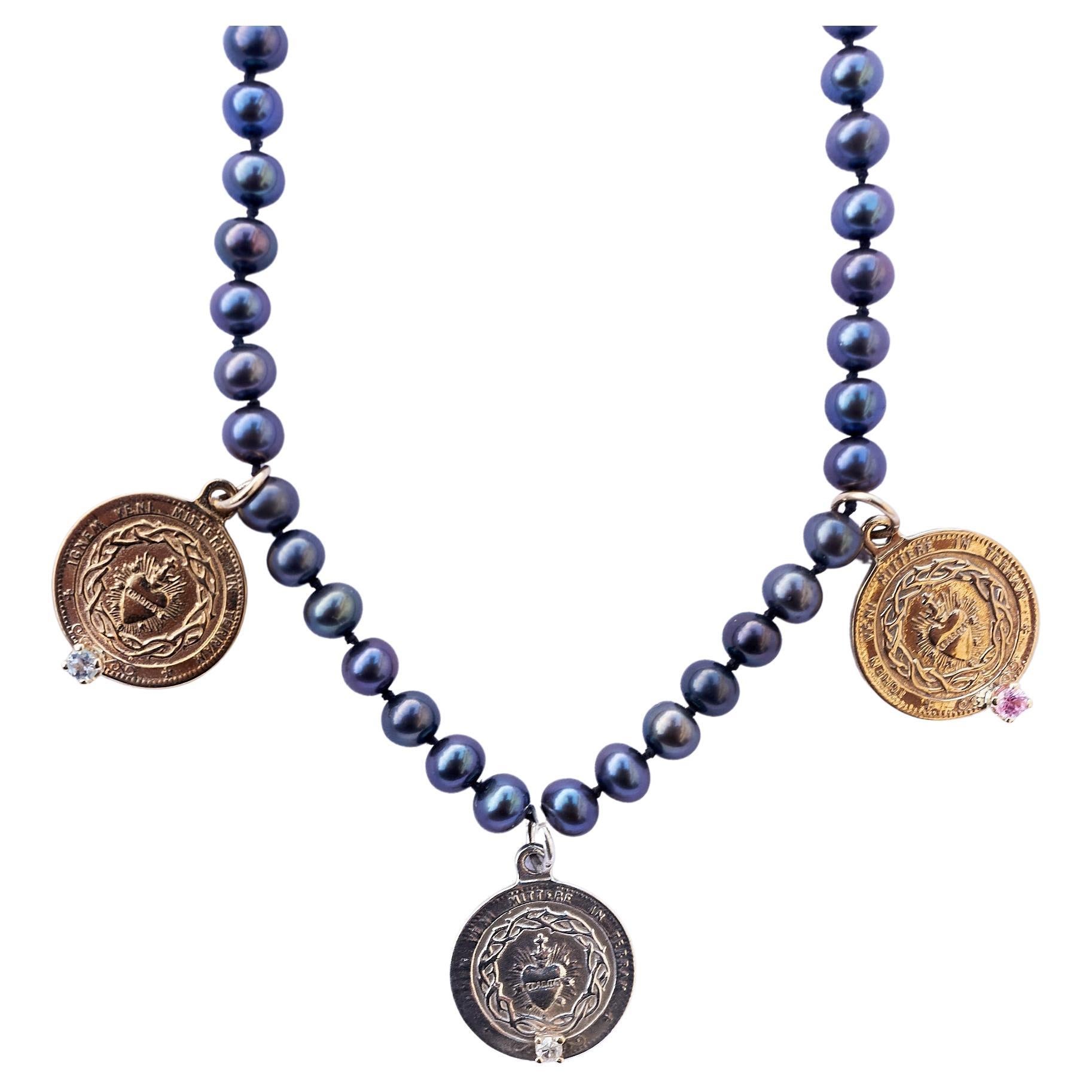 Victorian Multi Medal Charm Necklace Sapphire Aquamarine Black Pearl Silver Bronze For Sale