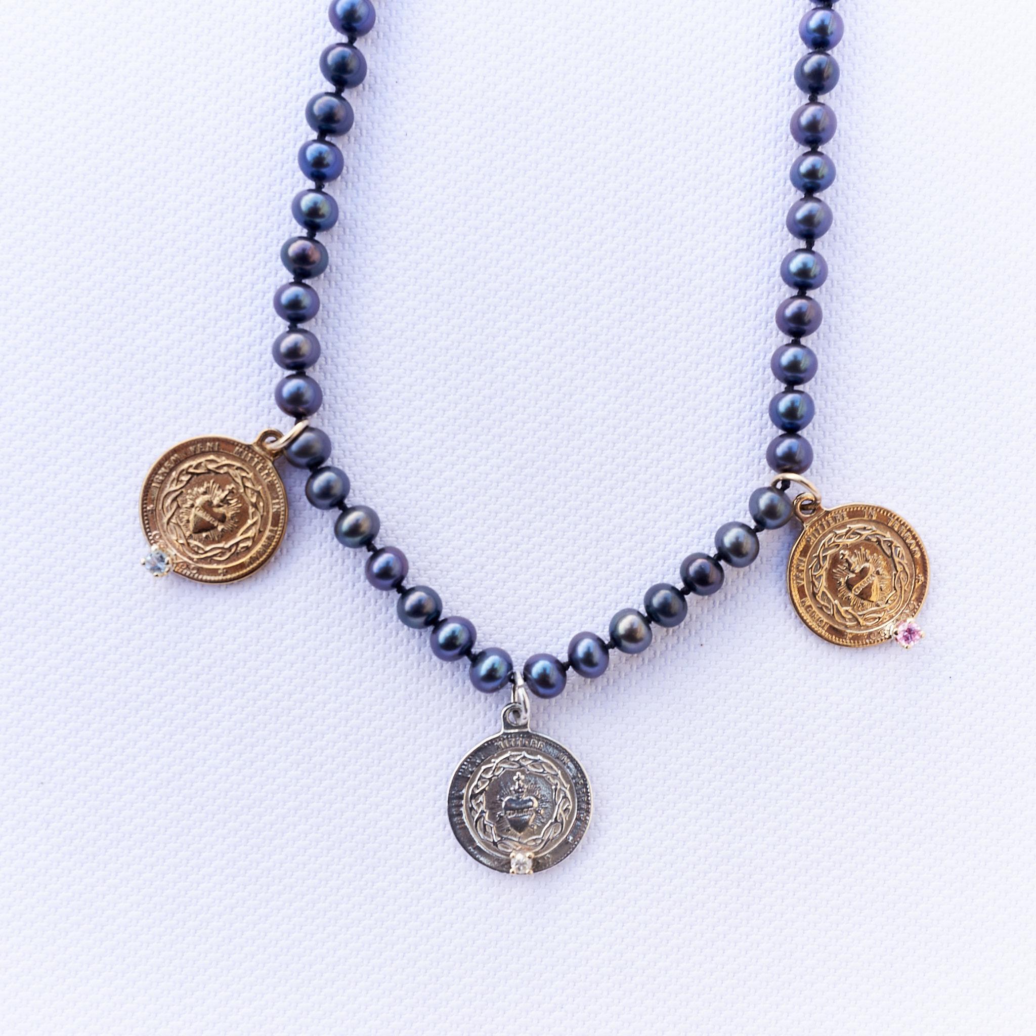 Multi Medal Charm Necklace Sapphire Aquamarine Black Pearl Silver Bronze In New Condition For Sale In Los Angeles, CA