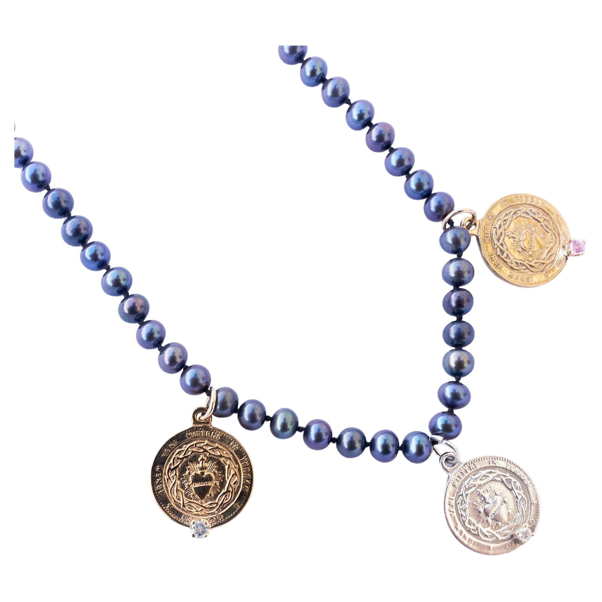 Pink Sapphire Aquamarine Sacred Heart Medal Necklace Black Pearl 

Designer: J Dauphin
Length: 18