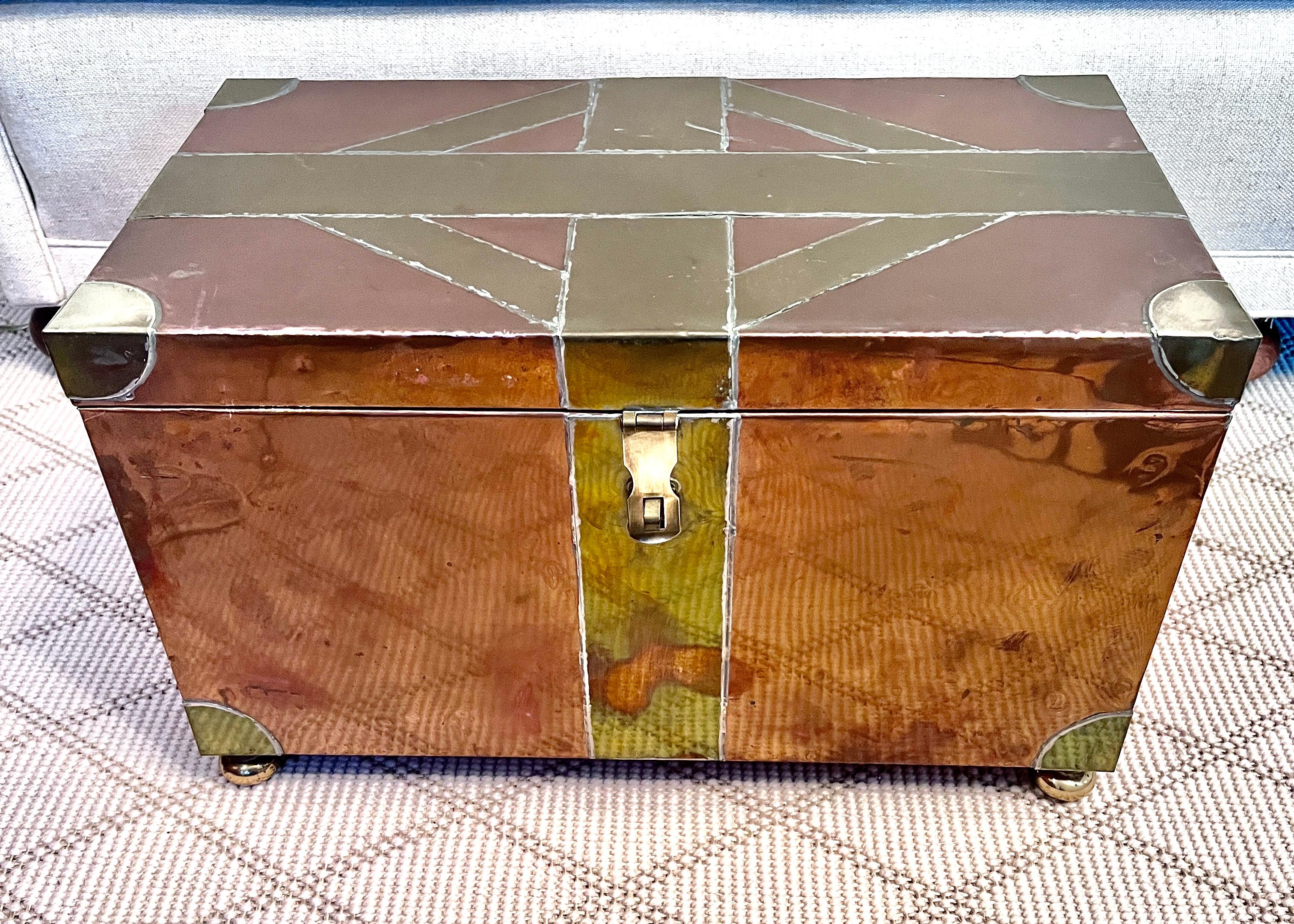 Hand-Crafted Multi Metal Brass and Copper Brutalist Style Hand made Hinged Box with Bun Feet For Sale