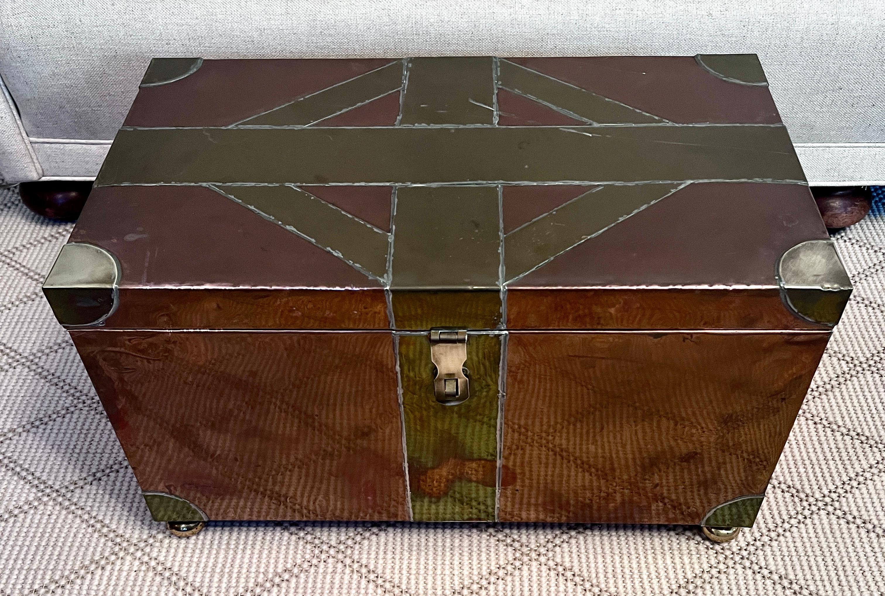 20th Century Multi Metal Brass and Copper Brutalist Style Hand made Hinged Box with Bun Feet For Sale