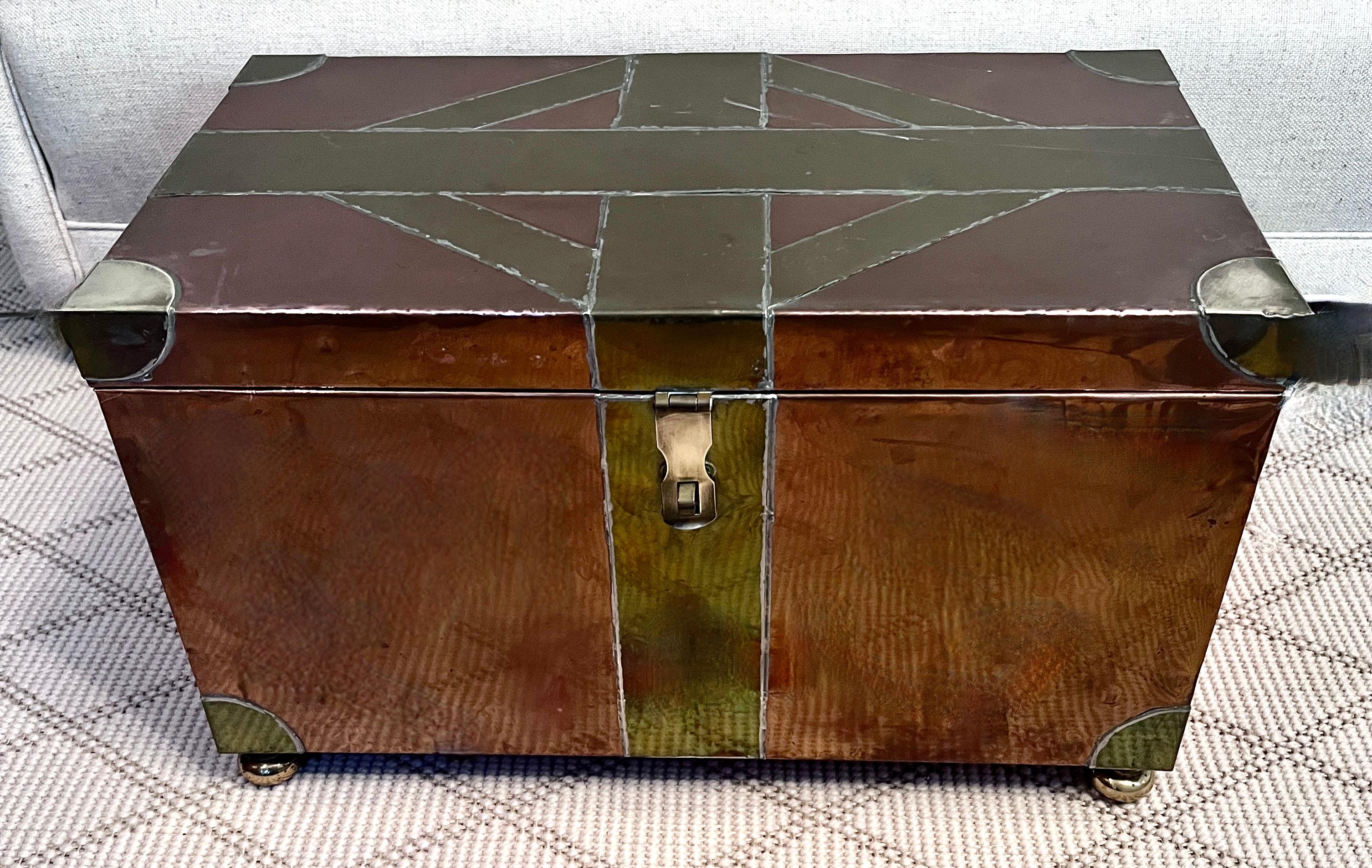Multi Metal Brass and Copper Brutalist Style Hand made Hinged Box with Bun Feet For Sale 1