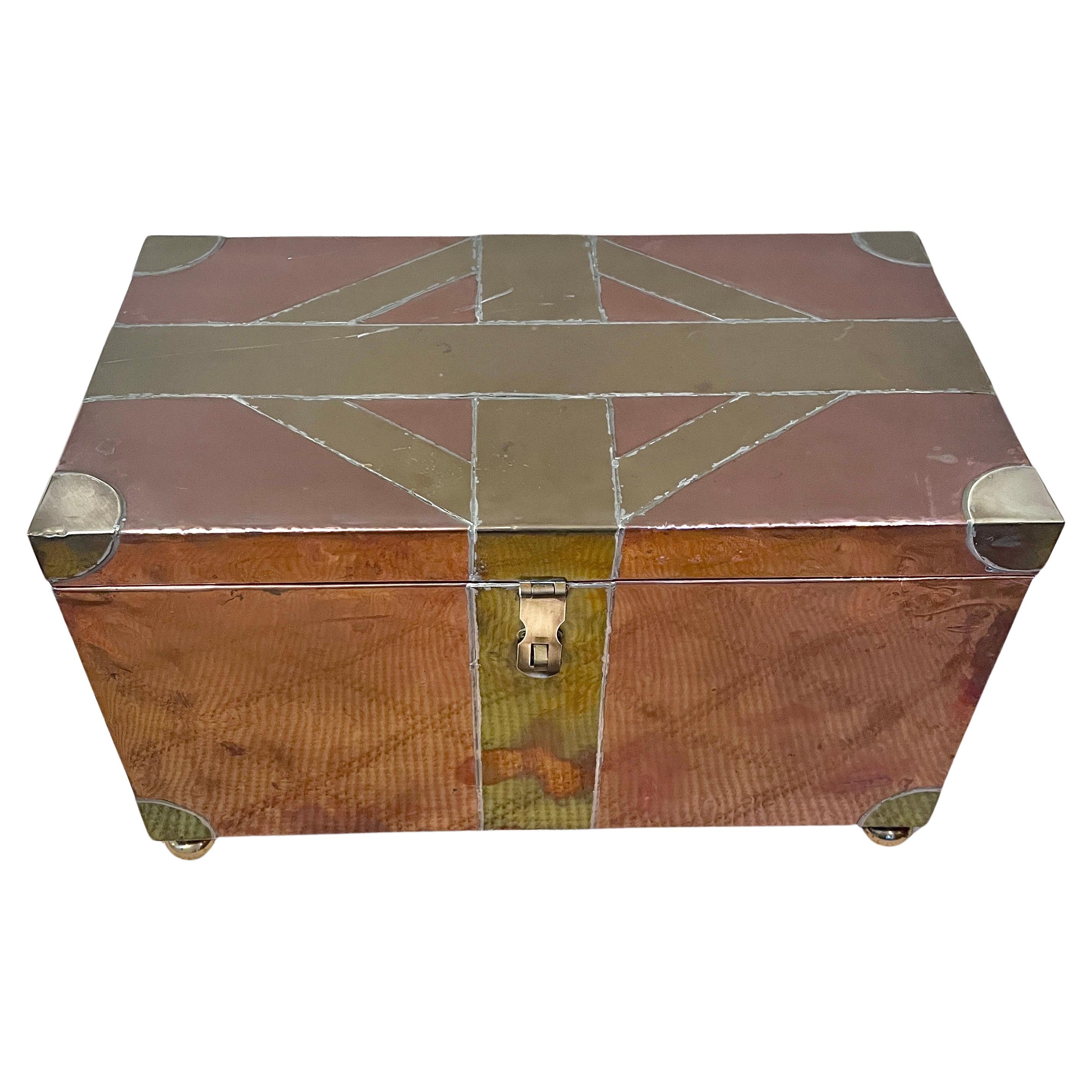 Multi Metal Brass and Copper Brutalist Style Hand made Hinged Box with Bun Feet