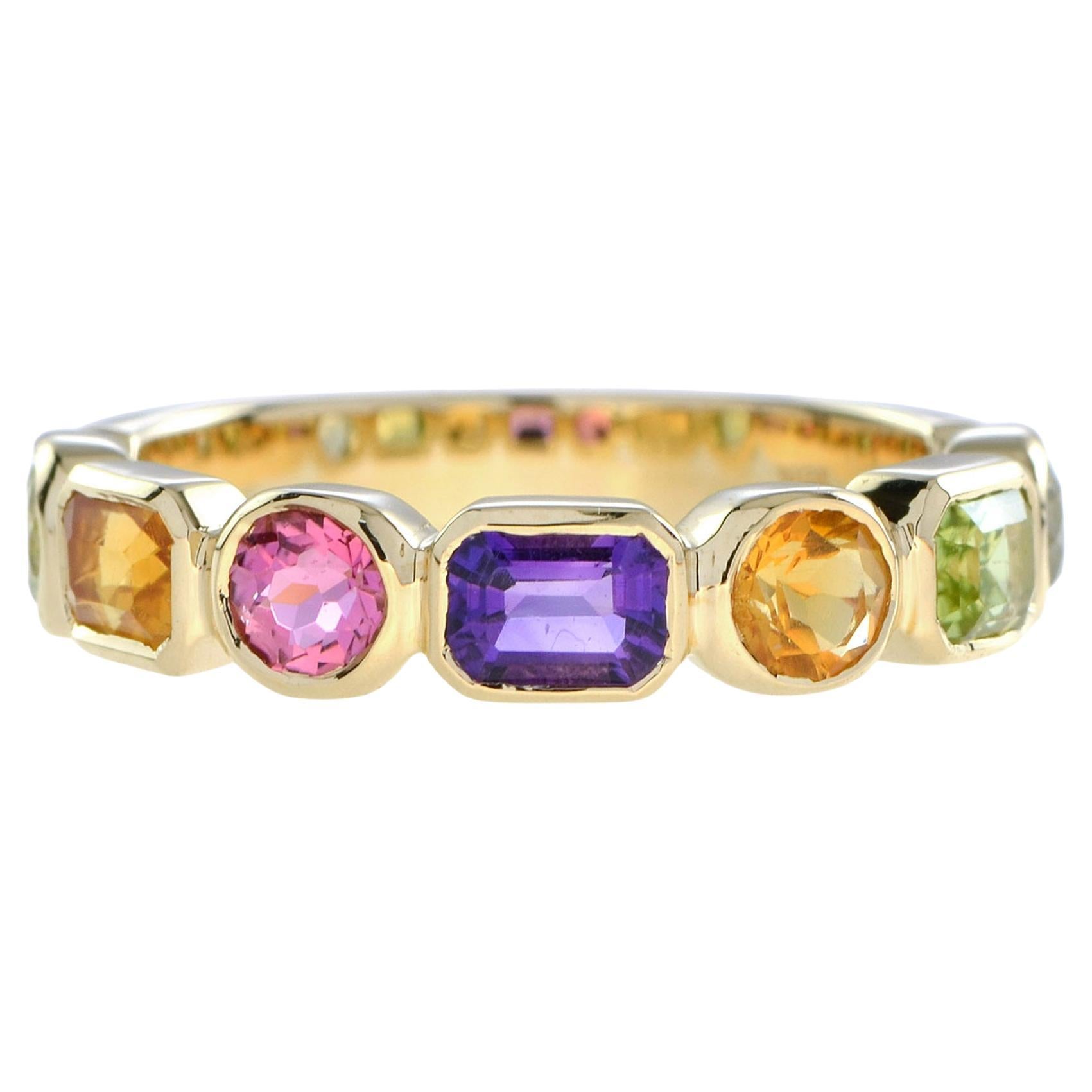 For Sale:  Multi Natural Gemstone Half Eternity Band Ring in 14K Yellow Gold
