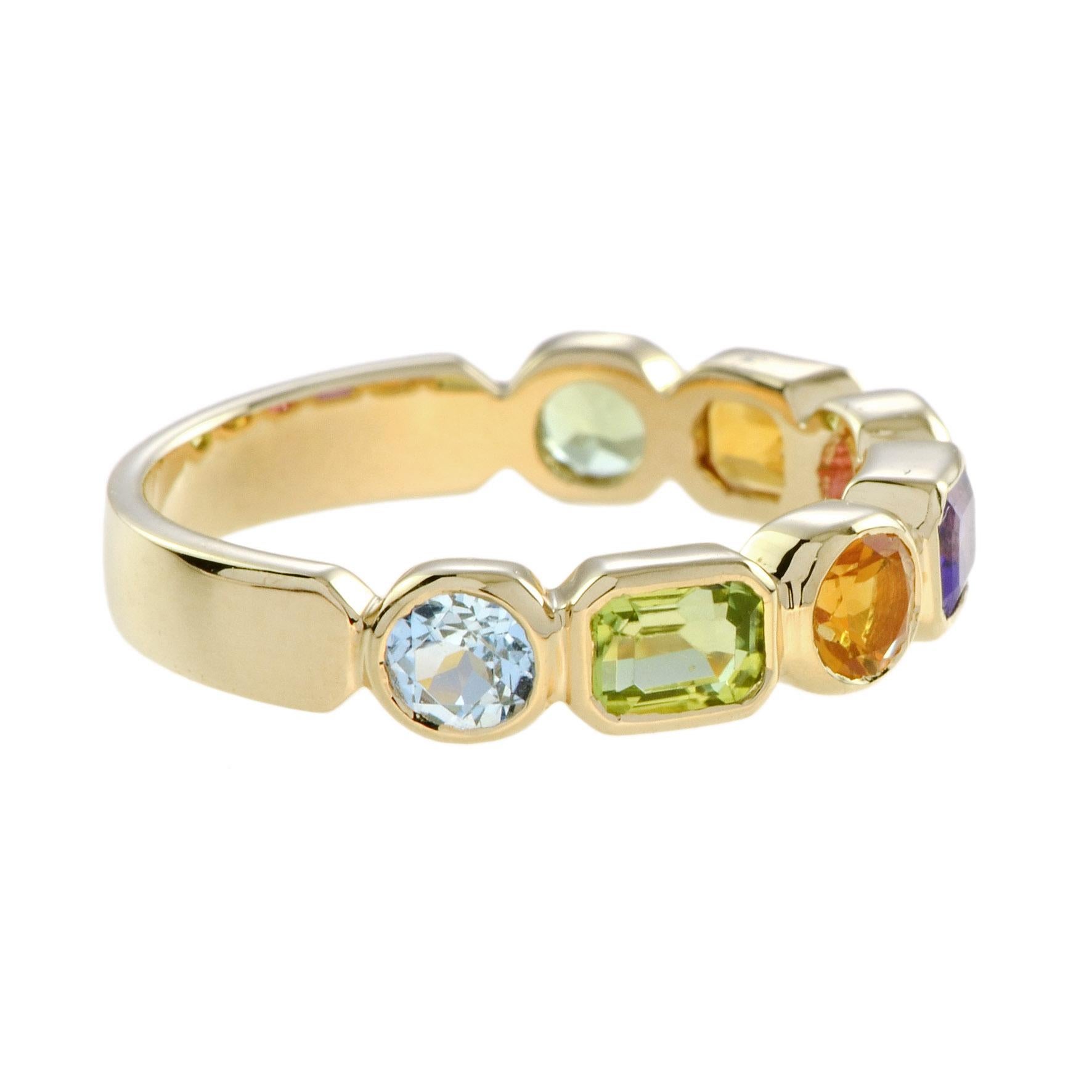 Multi Natural Semi Precious Colored Rainbow Gem Half Eternity Band Gold Ring Art Decó en venta