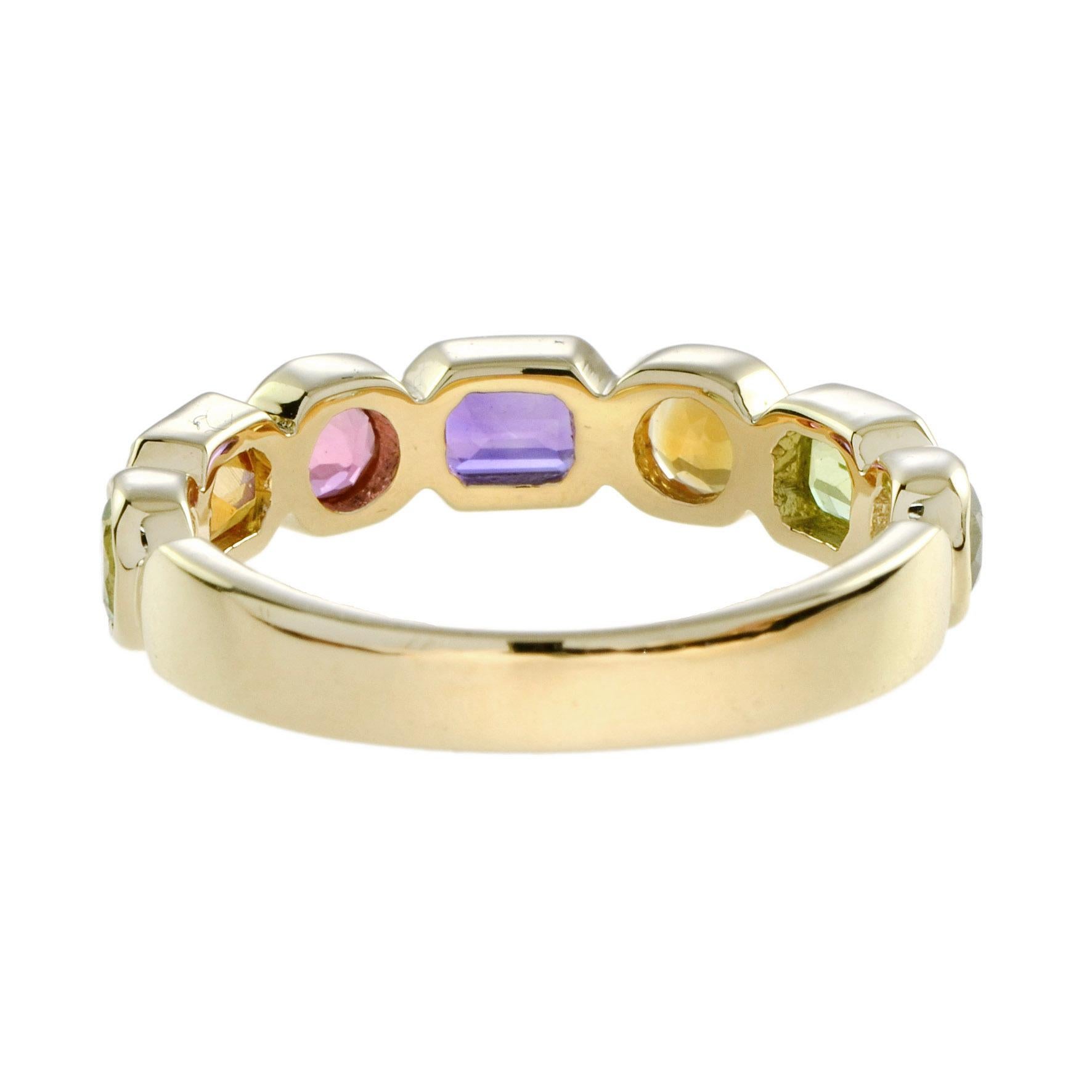 Multi Natural Semi Precious Colored Rainbow Gem Half Eternity Band Gold Ring Corte mixto en venta