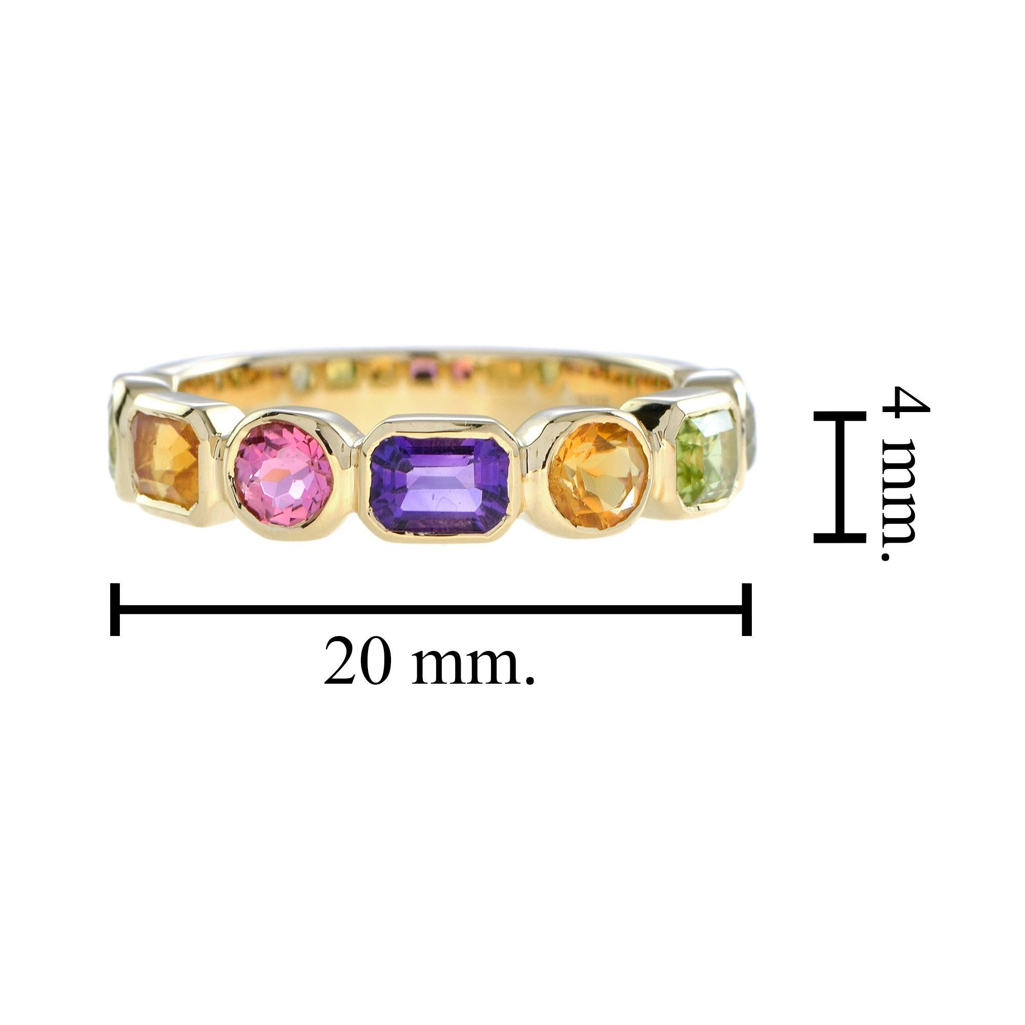 Multi Natural Semi Precious Colored Rainbow Gem Half Eternity Band Gold Ring en venta 1