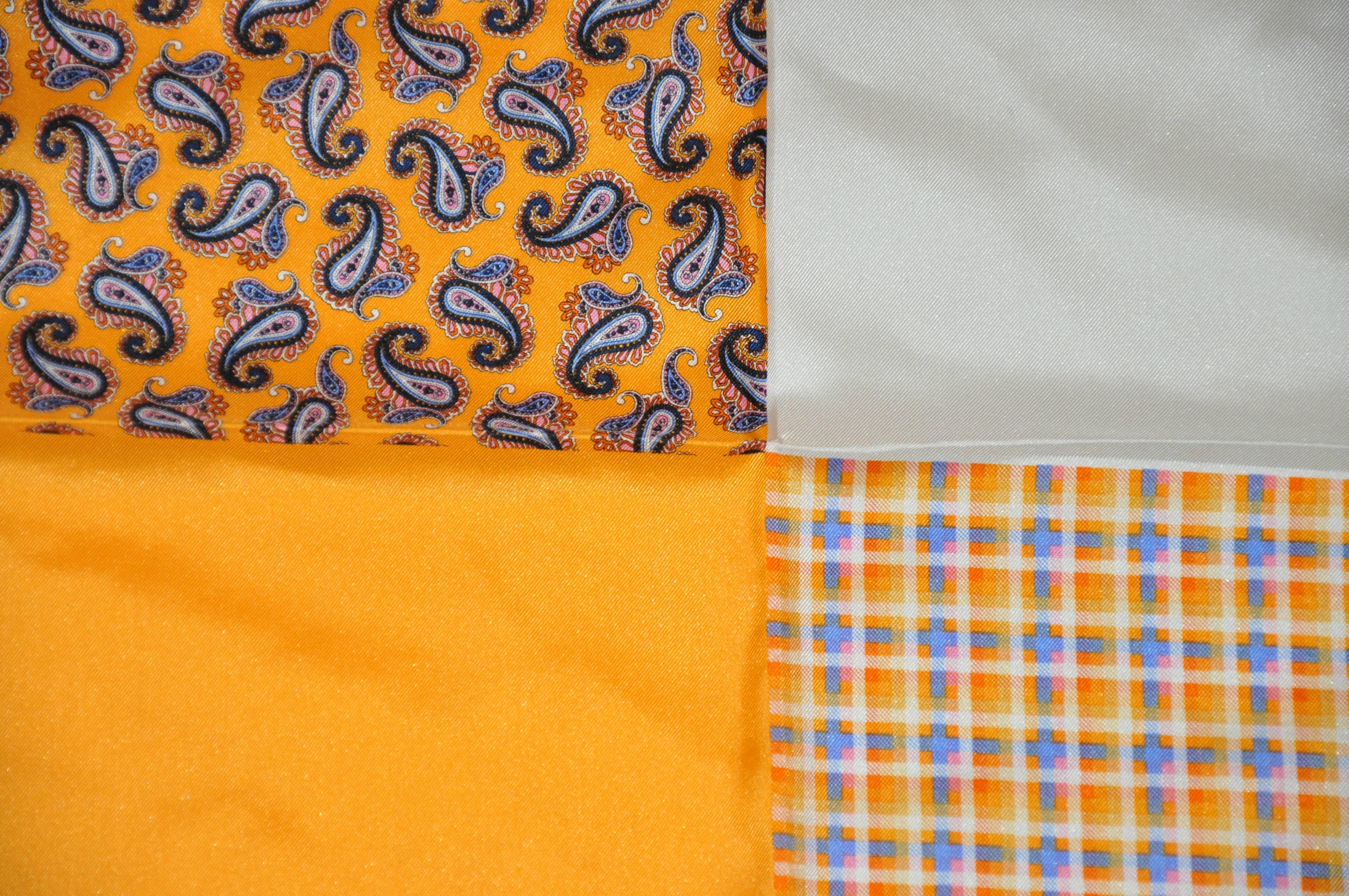 Orange Paisley Plaid Stripes and Solids Silk Handkerchief For Sale