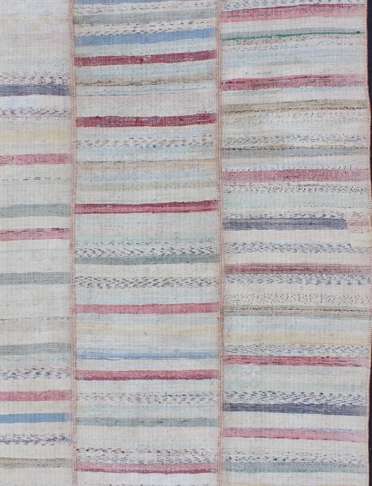 Hand-Woven Multi-Panel Vintage Turkish Flat Weave Rug in Pink, Blue, Green and Cream For Sale