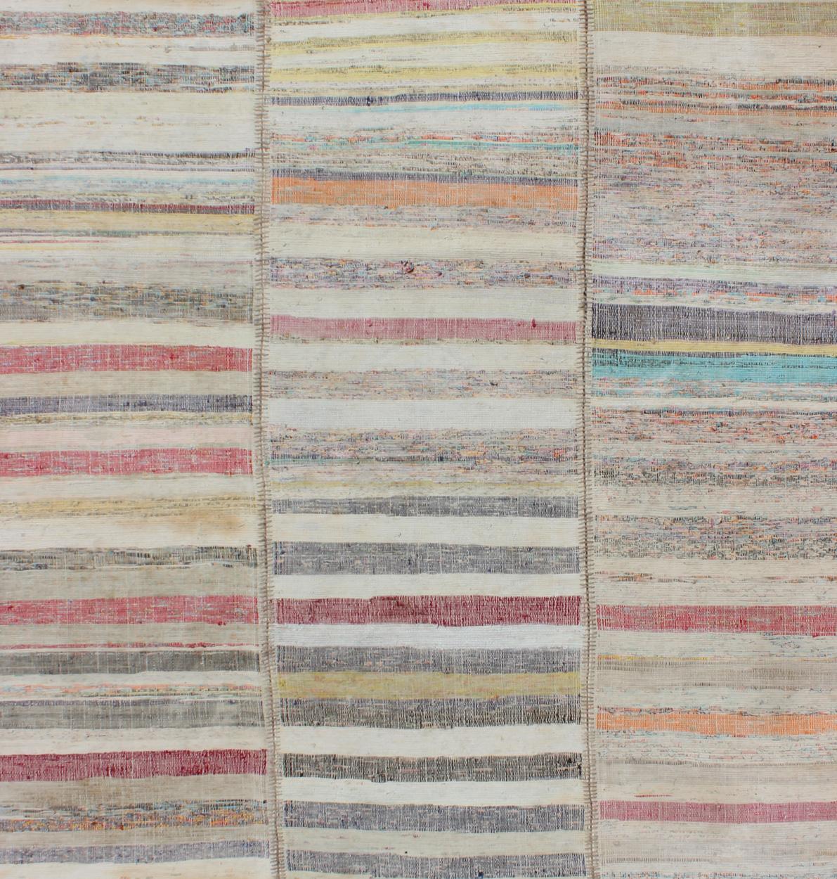 Hand-Knotted Multi-Panel Vintage Turkish Kilim Rug With Stripe Design in Multi Light Colors