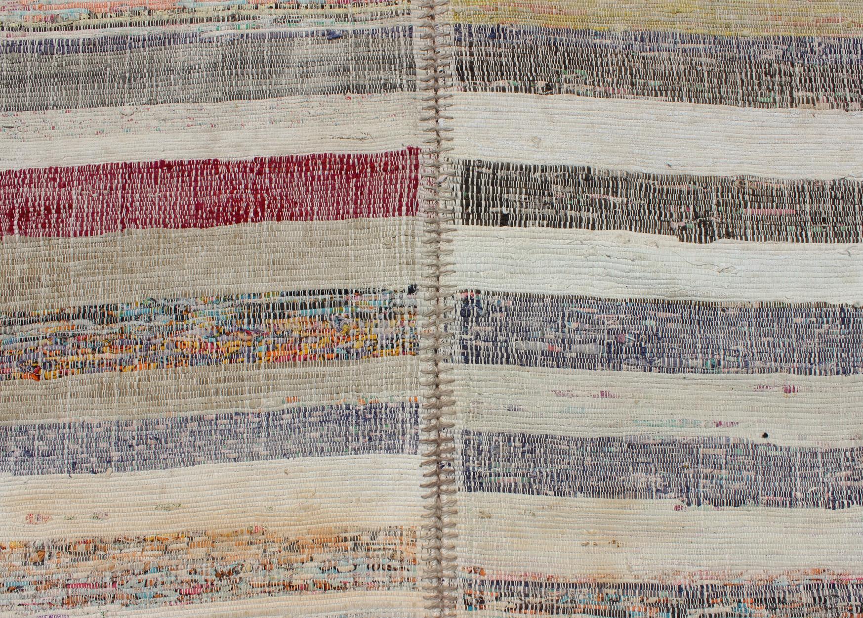 Wool Multi-Panel Vintage Turkish Kilim Rug With Stripe Design in Multi Light Colors