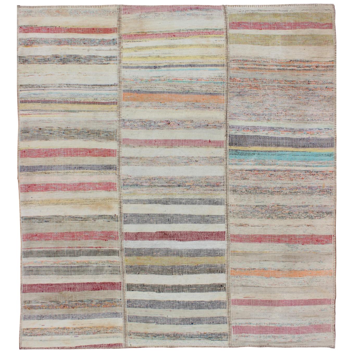 Multi-Panel Vintage Turkish Kilim Rug With Stripe Design in Multi Light Colors