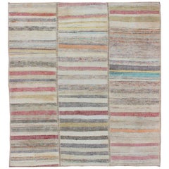 Multi-Panel Vintage Turkish Kilim Rug With Stripe Design in Multi Light Colors