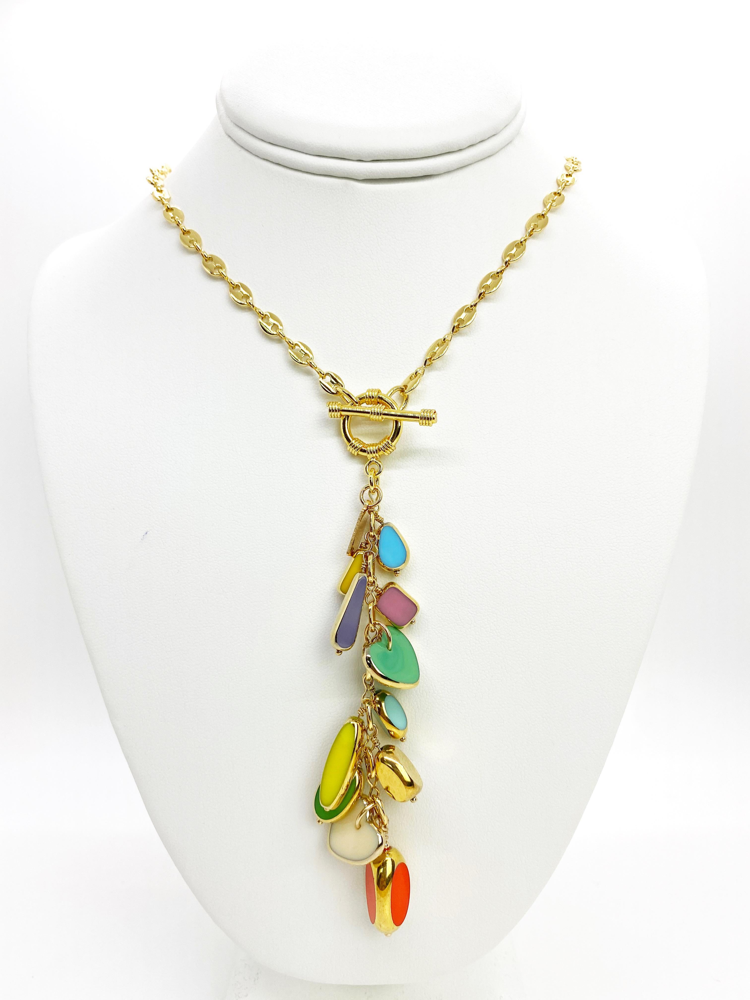 Contemporary Multi-Color Charm Vintage German Glass Beads edged with 24K gold Necklace  For Sale