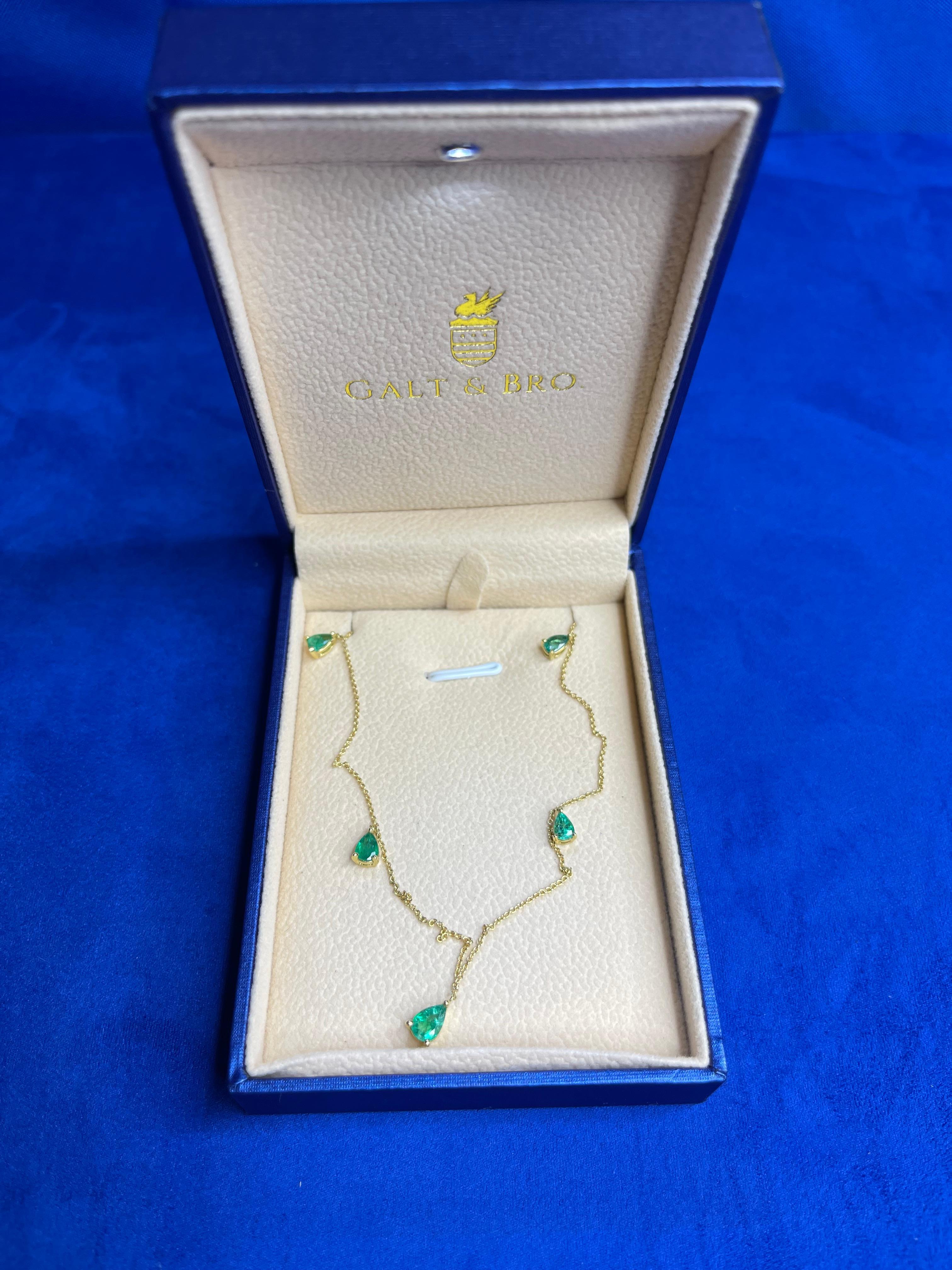 Multi Pear Cut Drop Shape Emerald 14 Karat Yellow Gold Chain Layer Necklace For Sale 2