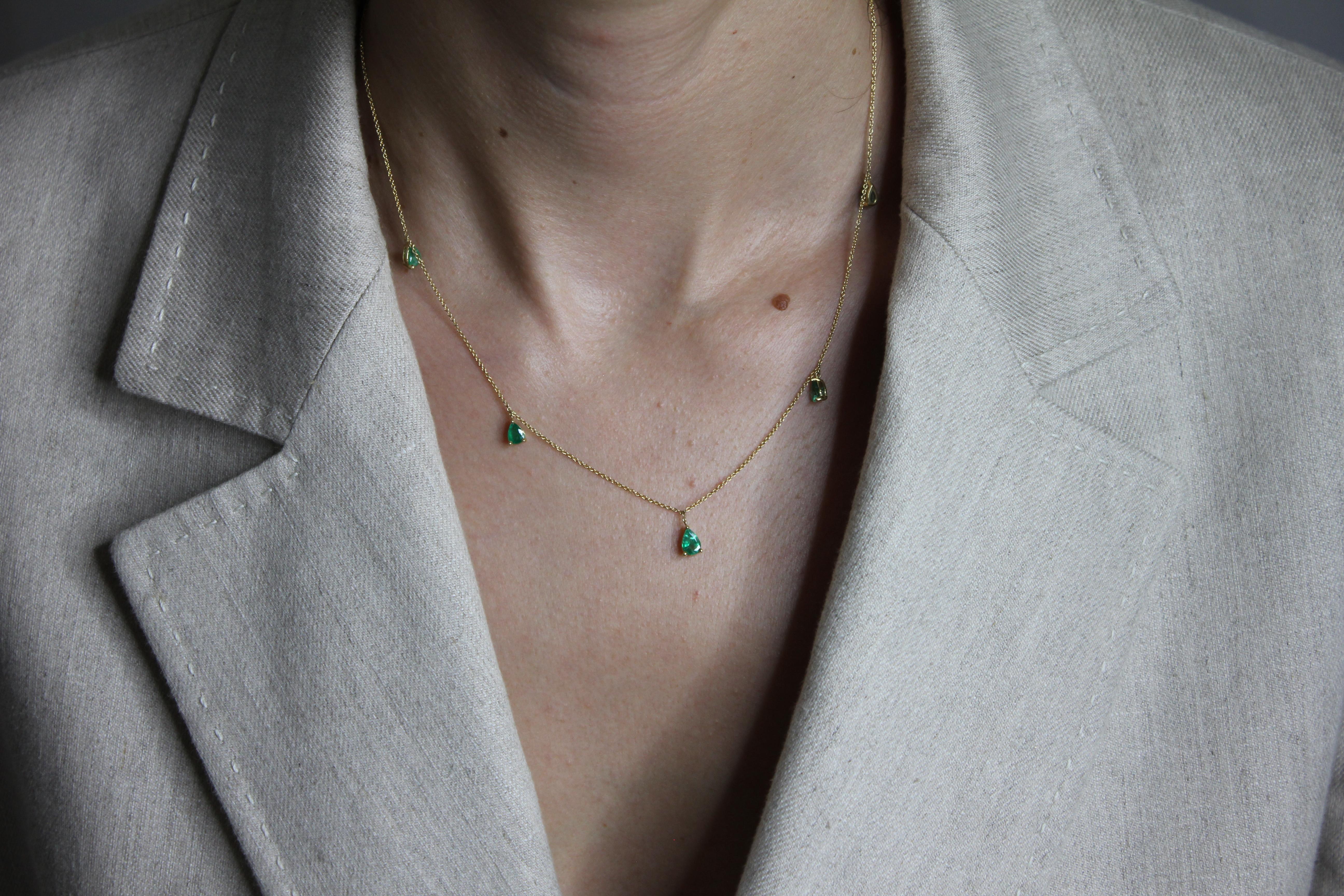 Multi Pear Cut Drop Shape Emerald 14 Karat Yellow Gold Chain Layer Necklace For Sale 5