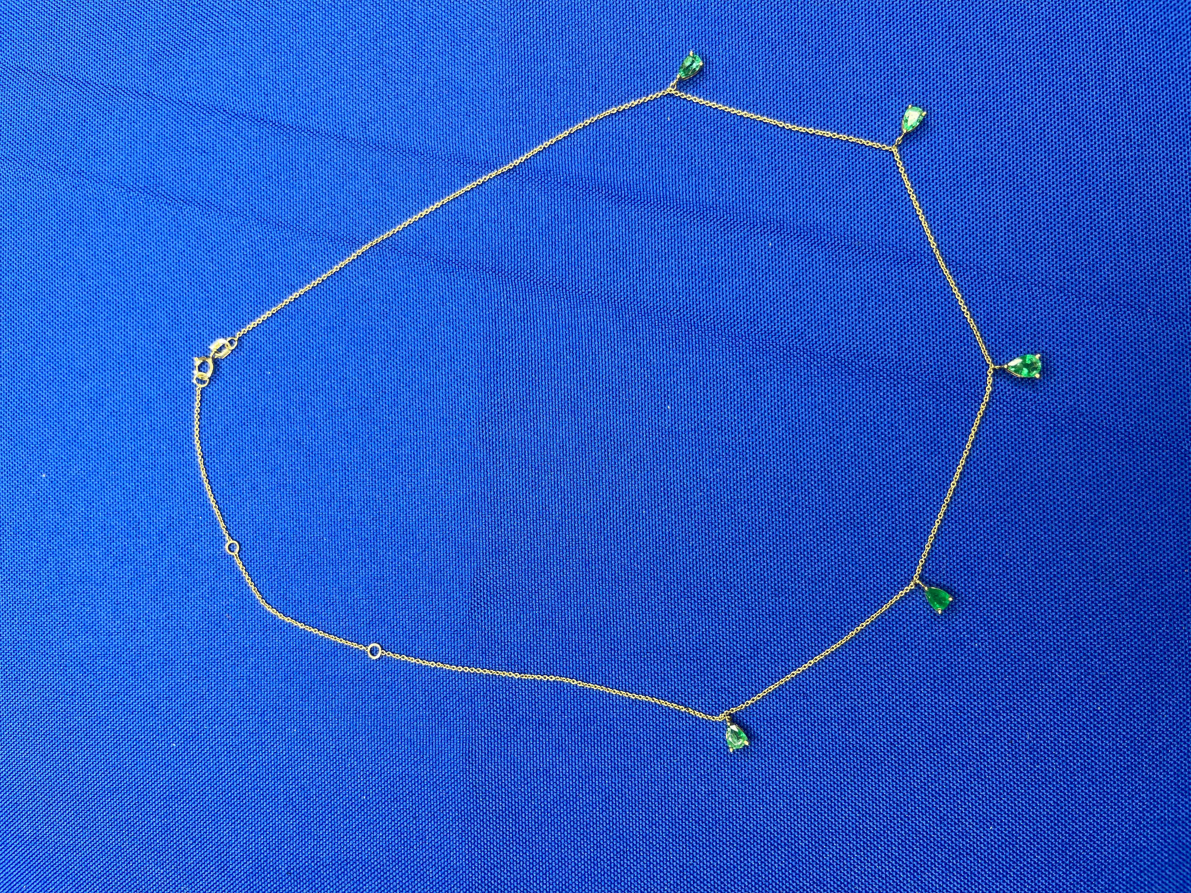 Multi Pear Cut Drop Shape Emerald 14 Karat Yellow Gold Chain Layer Necklace In New Condition For Sale In Oakton, VA