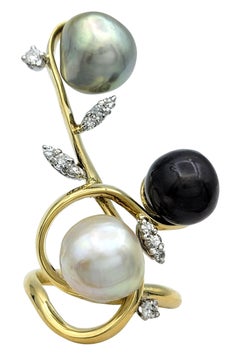 Multi Pearl and Diamond Branch Motif Statement Ring in 18 Karat Yellow Gold
