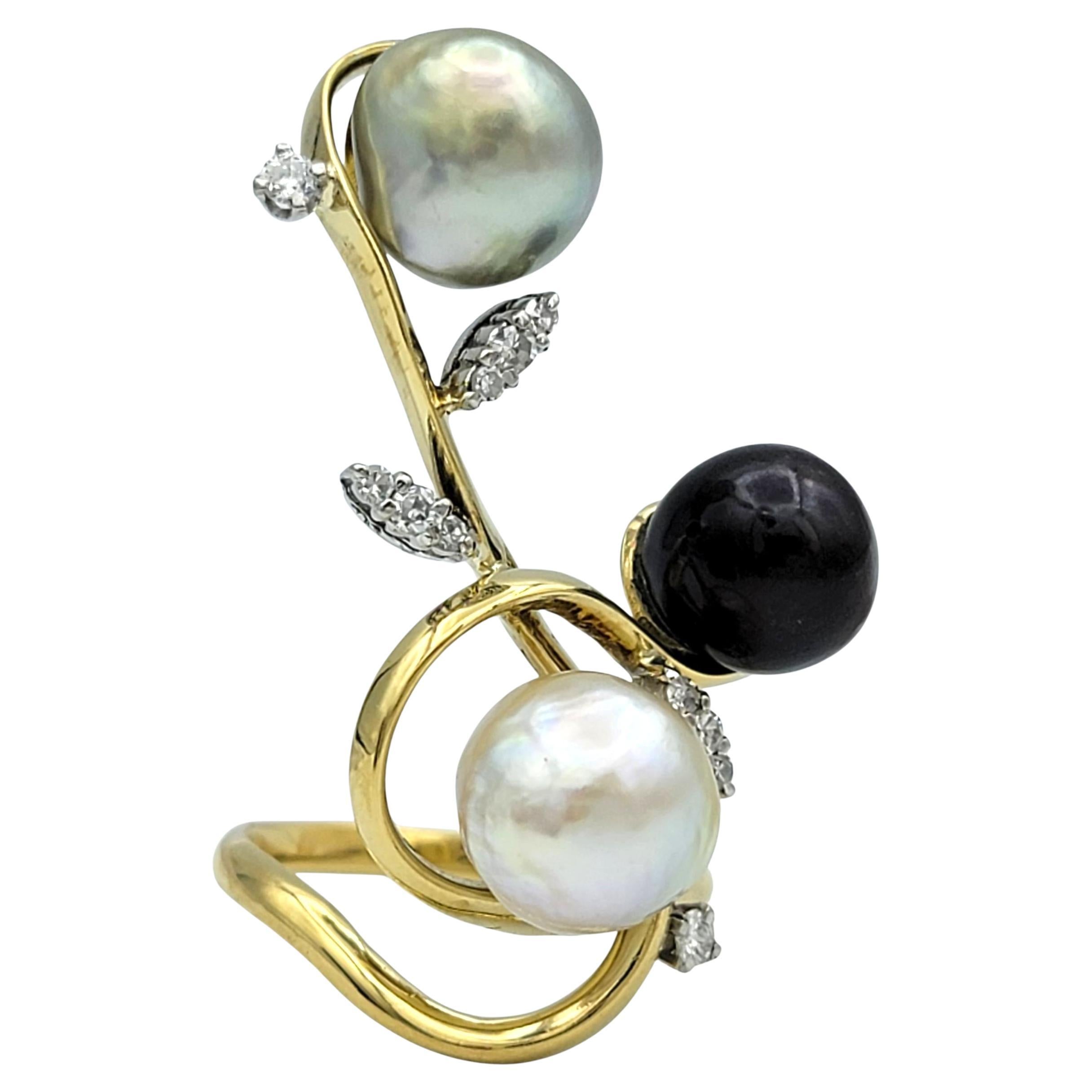 Bague à motif Branch en or jaune 18 carats, perles multiples et diamants en vente