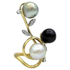 Bague à motif Branch en or jaune 18 carats, perles multiples et diamants