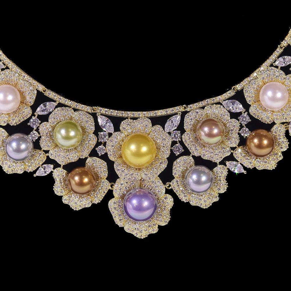 Modernist Multi-Pearl and Sparkling Crystal Vintage Statement Necklace and Earrings For Sale