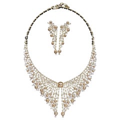 Multi-Pearl and Sparkling Crystal Vintage Statement Necklace and Earrings