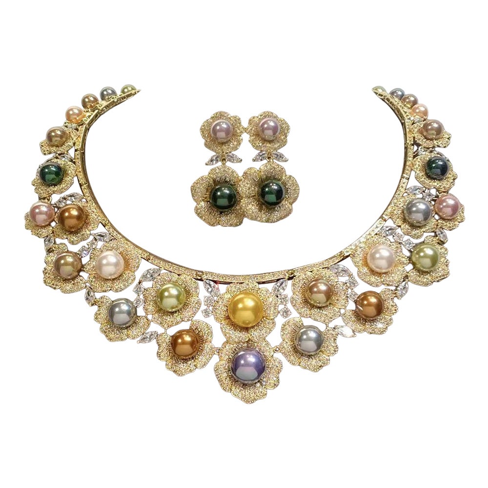 Multi-Pearl and Sparkling Crystal Vintage Statement Necklace and Earrings