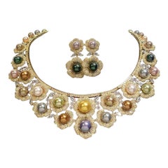 Multi-Pearl and Sparkling Crystal Vintage Statement Necklace and Earrings
