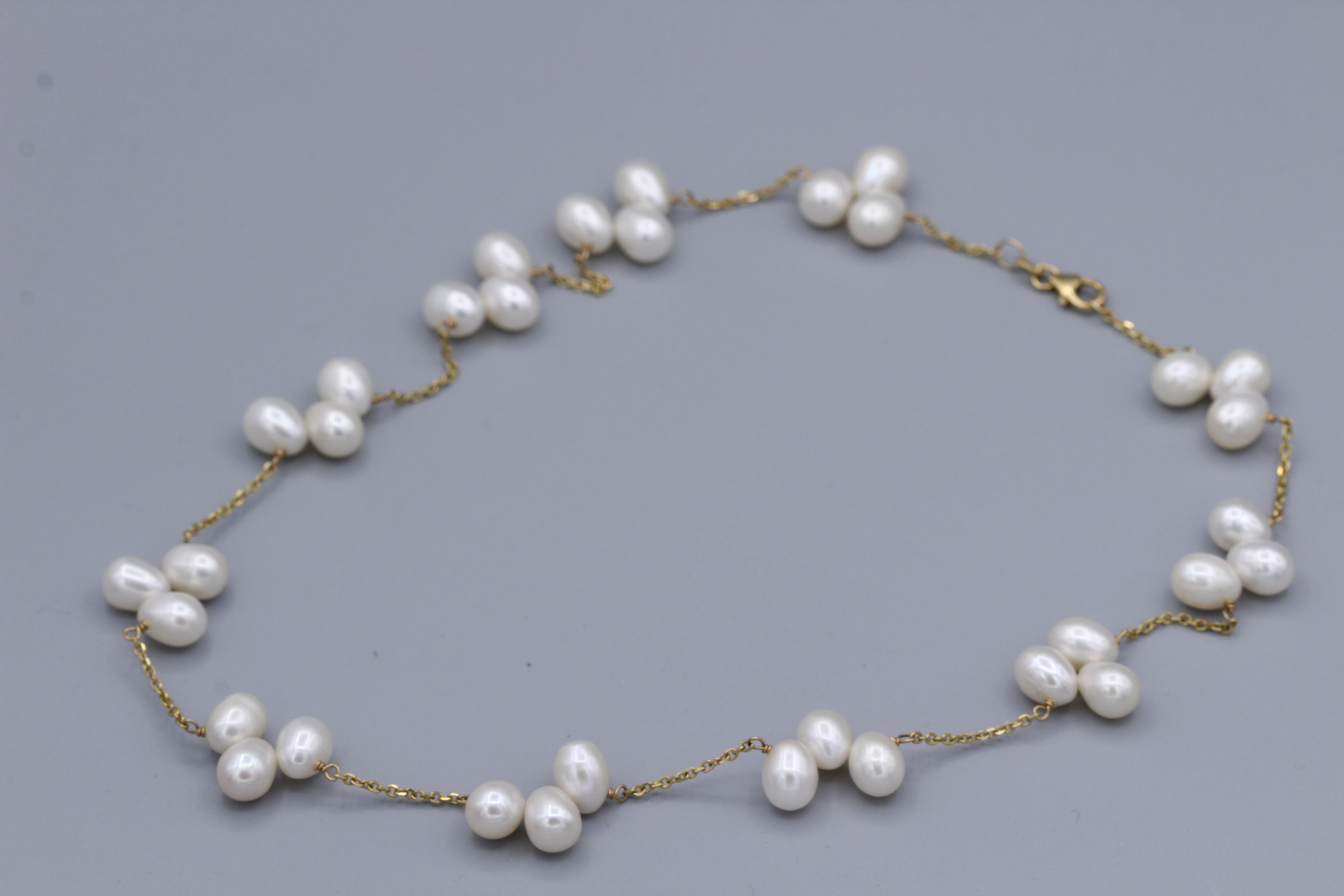Oval Cut Multi Pearl Necklace 14 Karat Yellow Gold Beaded Pearls For Sale