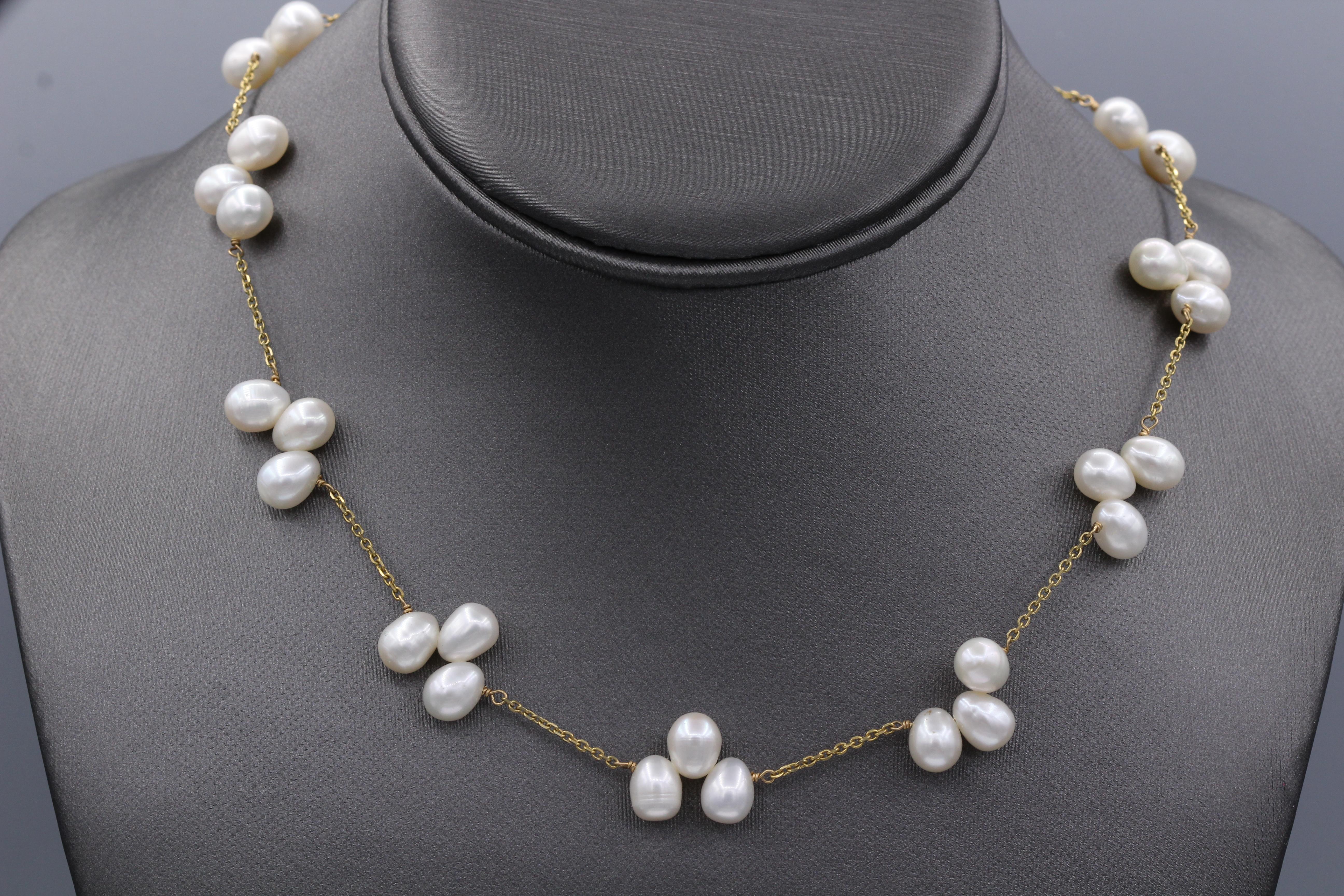 Multi Pearl Necklace 14 Karat Yellow Gold Beaded Pearls For Sale 2