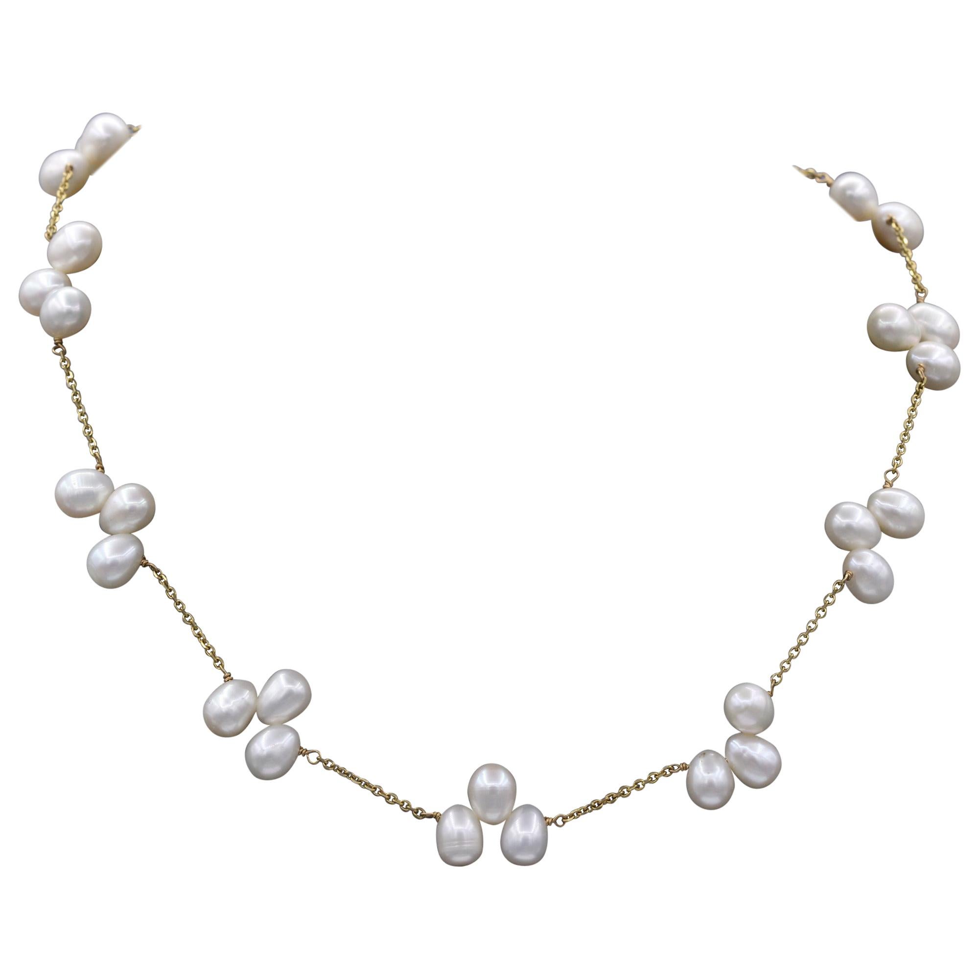 Multi Pearl Necklace 14 Karat Yellow Gold Beaded Pearls For Sale