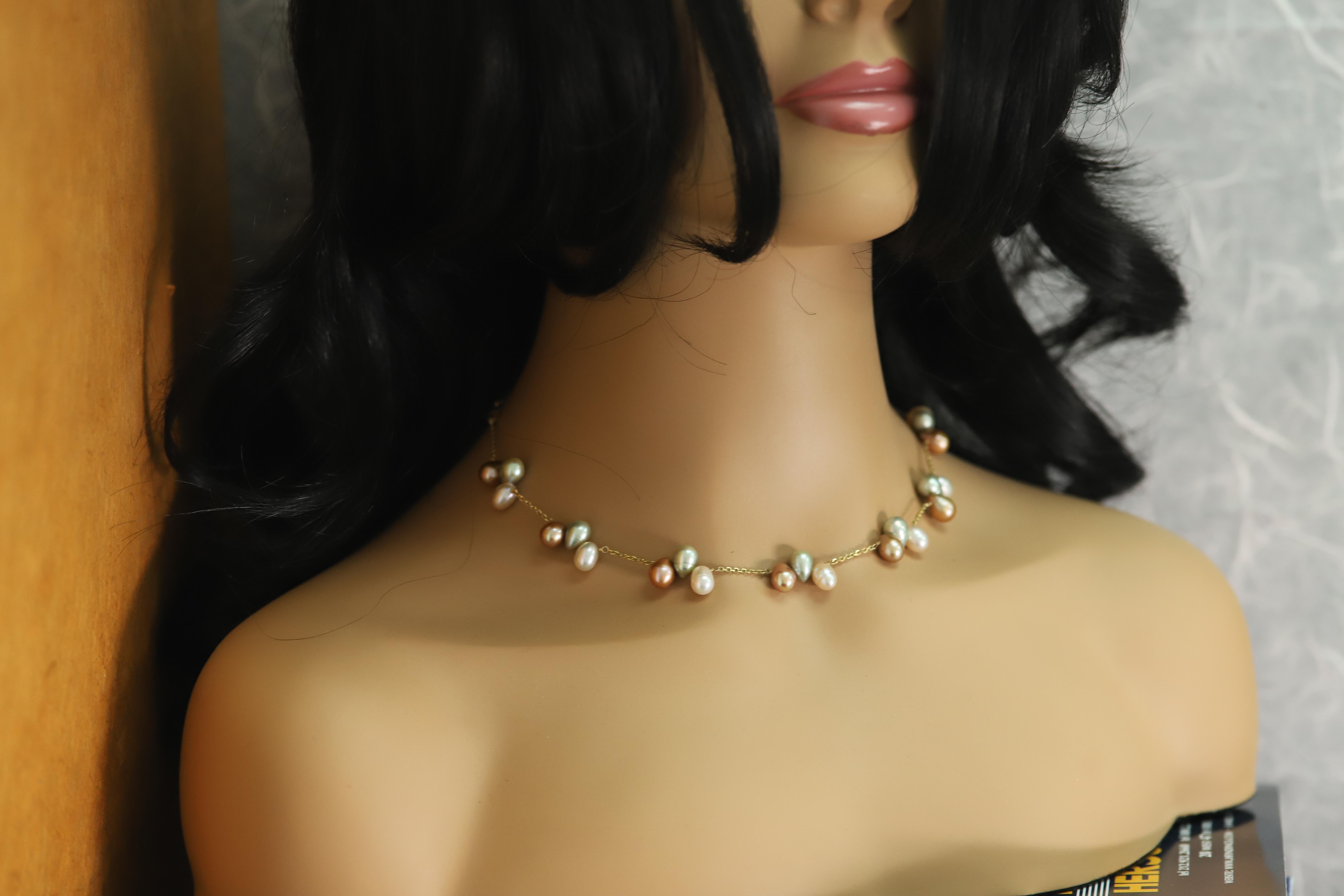 Pearl Necklace 14 Karat Yellow Gold Multi Color Pearls Beaded in Gold Chain For Sale 4