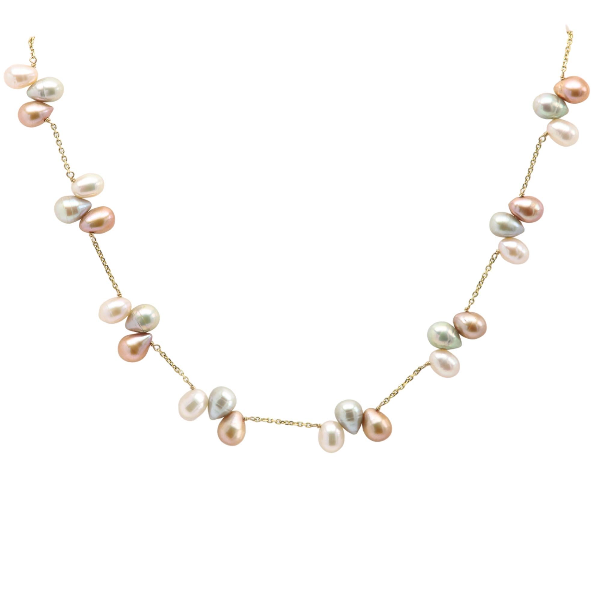 Pear Cut Pearl Necklace 14 Karat Yellow Gold Multi Color Pearls Beaded in Gold Chain For Sale