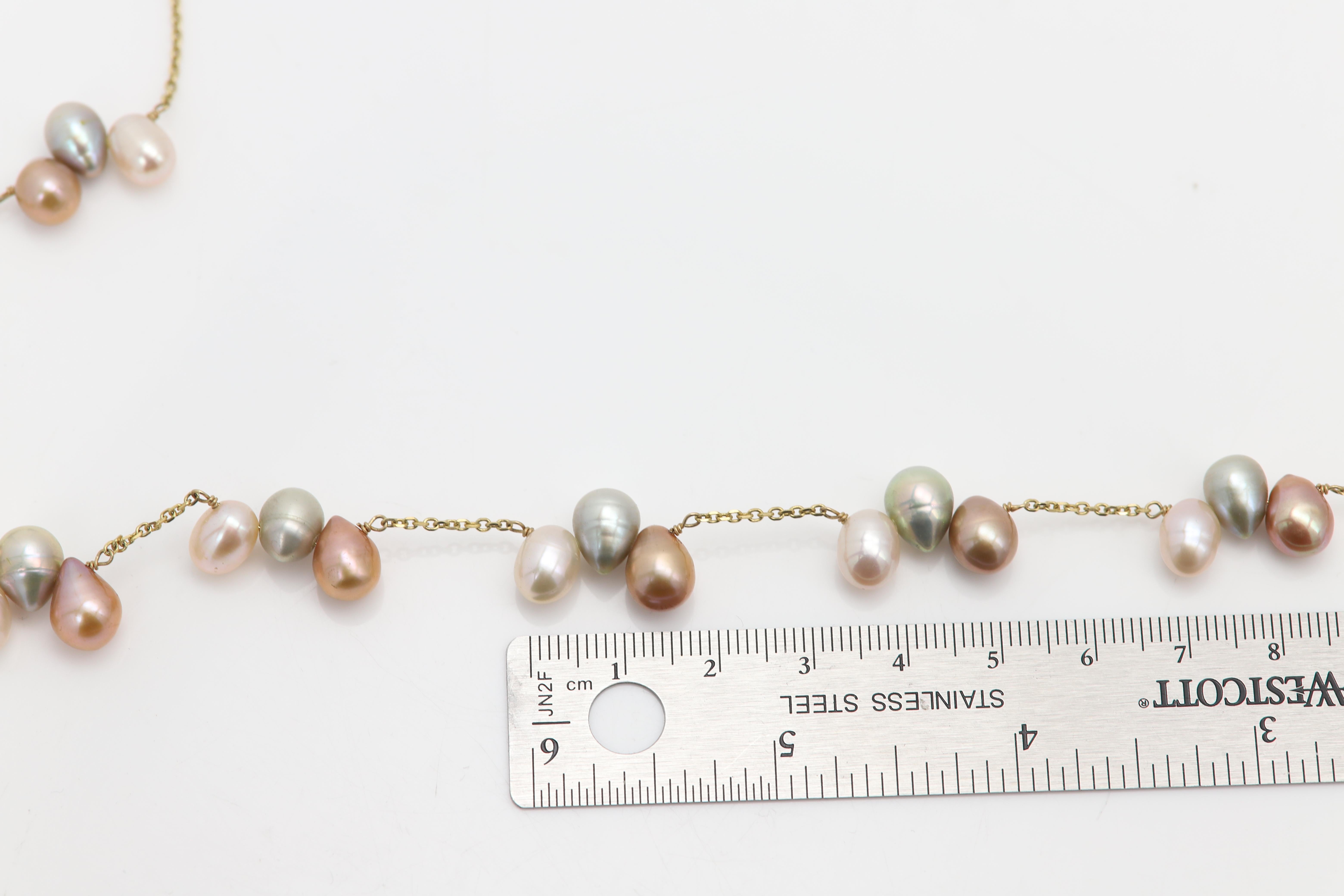 Women's Pearl Necklace 14 Karat Yellow Gold Multi Color Pearls Beaded in Gold Chain For Sale