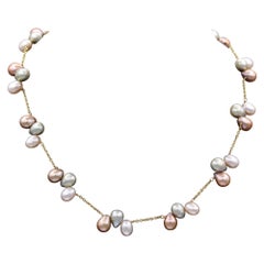 Multi Pearl Necklace 14Karat Yellow Gold Multi Color Pearls Beaded in Gold Chain