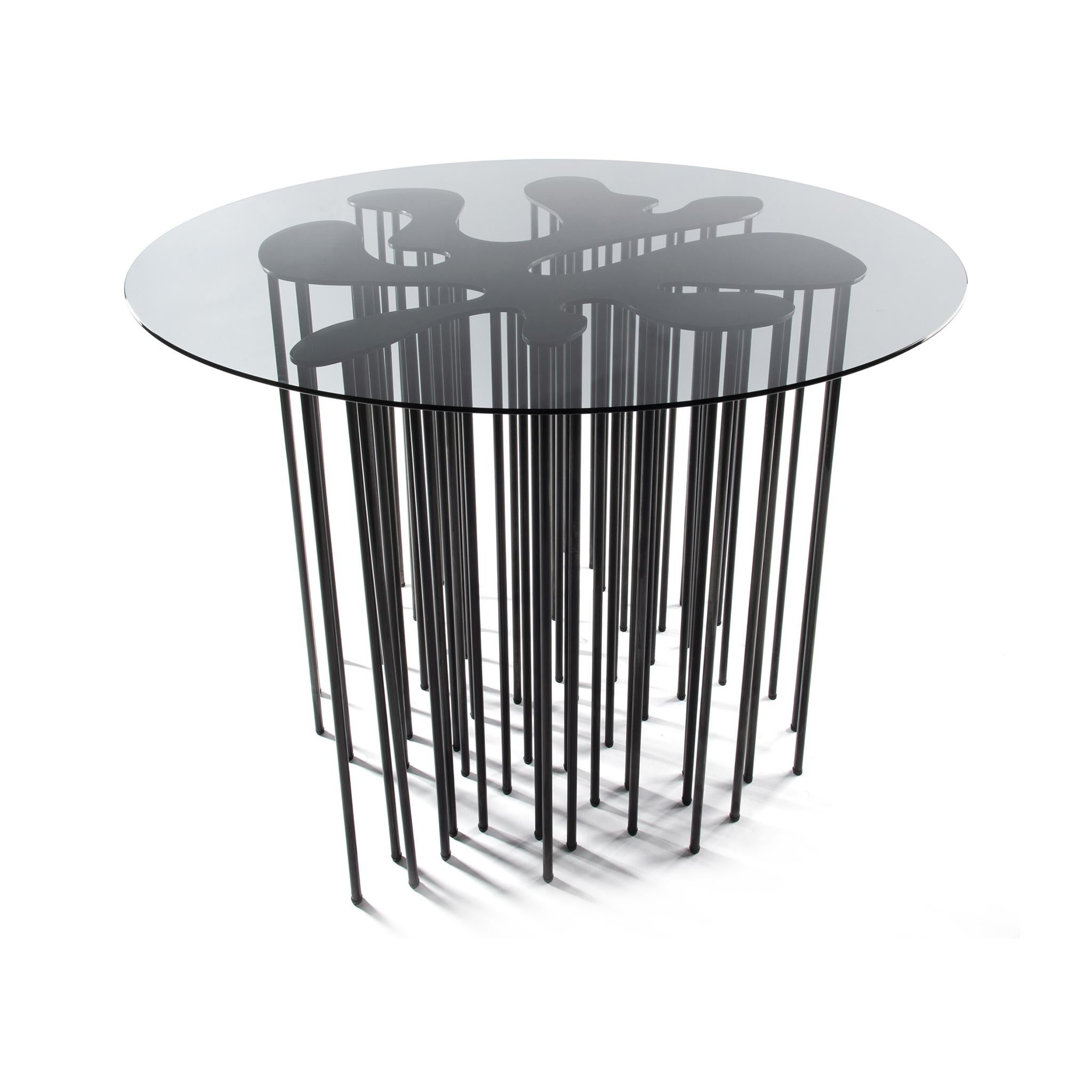 Modern Multi Pillar Abstract Steel Side Table with Round Tempered Glass Top  For Sale