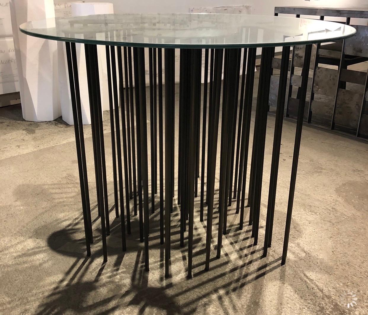 Multi Pillar Abstract Steel Side Table with Round Tempered Glass Top  In New Condition For Sale In Seattle, WA