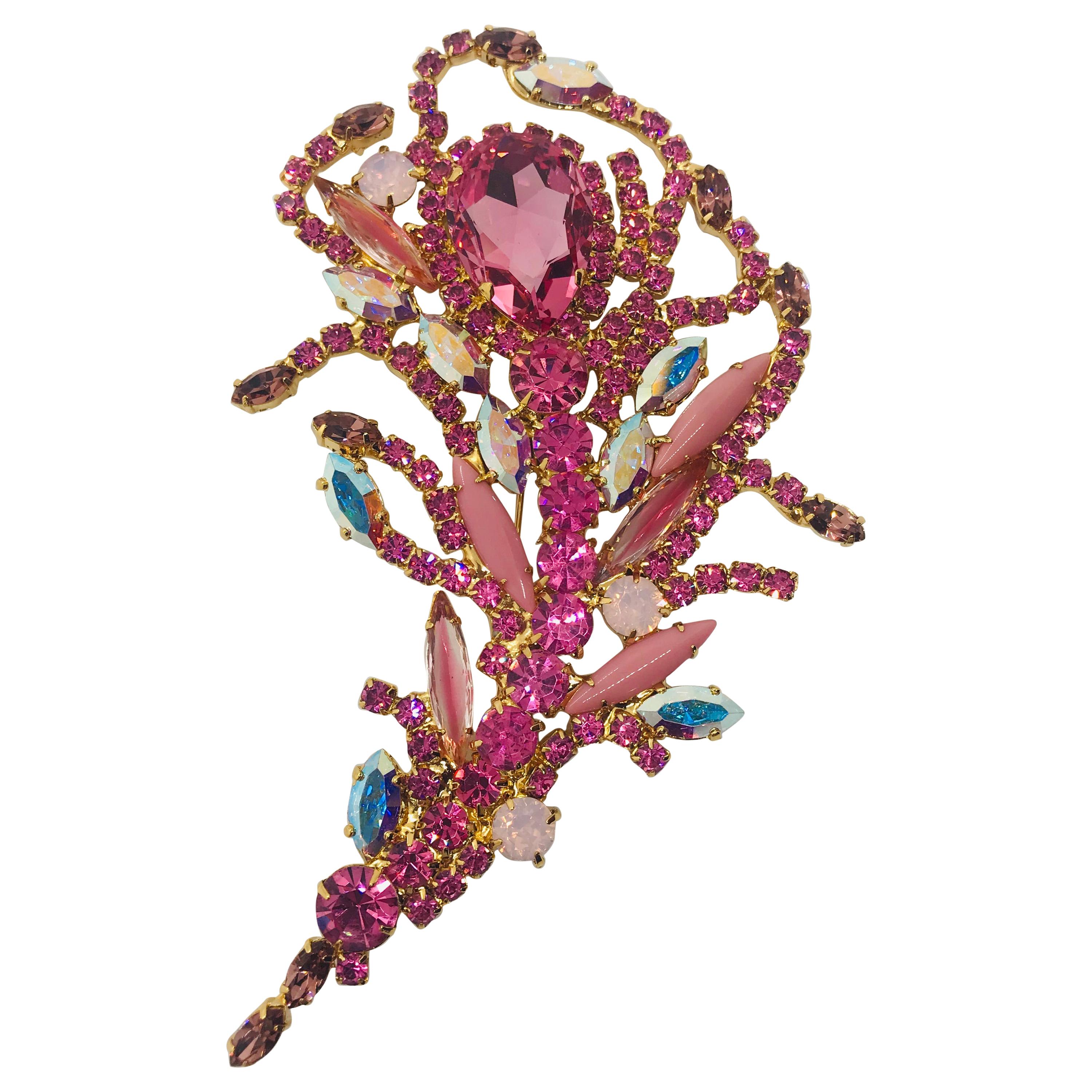 Multi Pink and Aurora Borealis Vintage Swarovski Feather Brooch For Sale