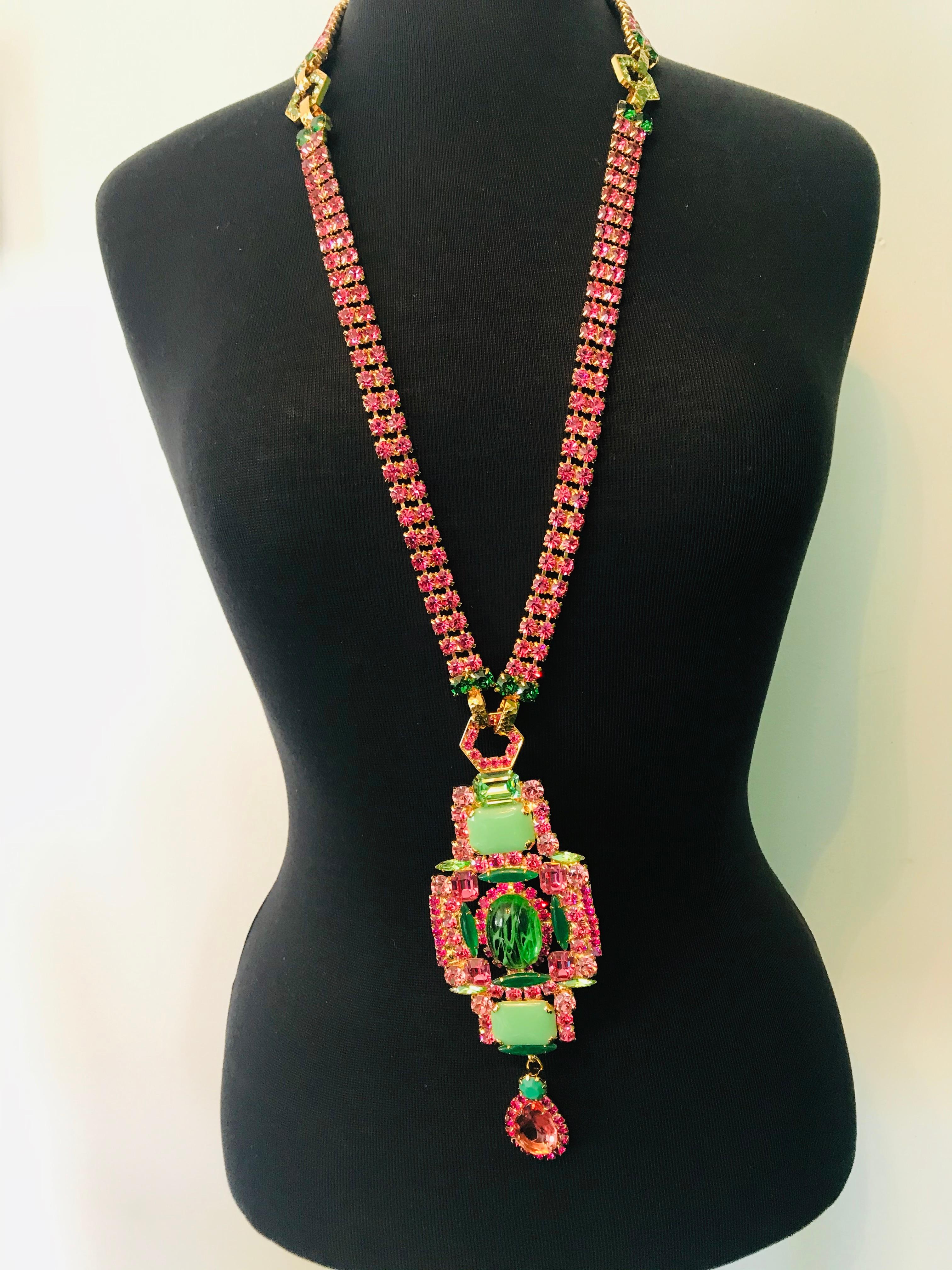 Multi Pink Austrian Crystal and Jadite Long Sautoire Necklace For Sale 5
