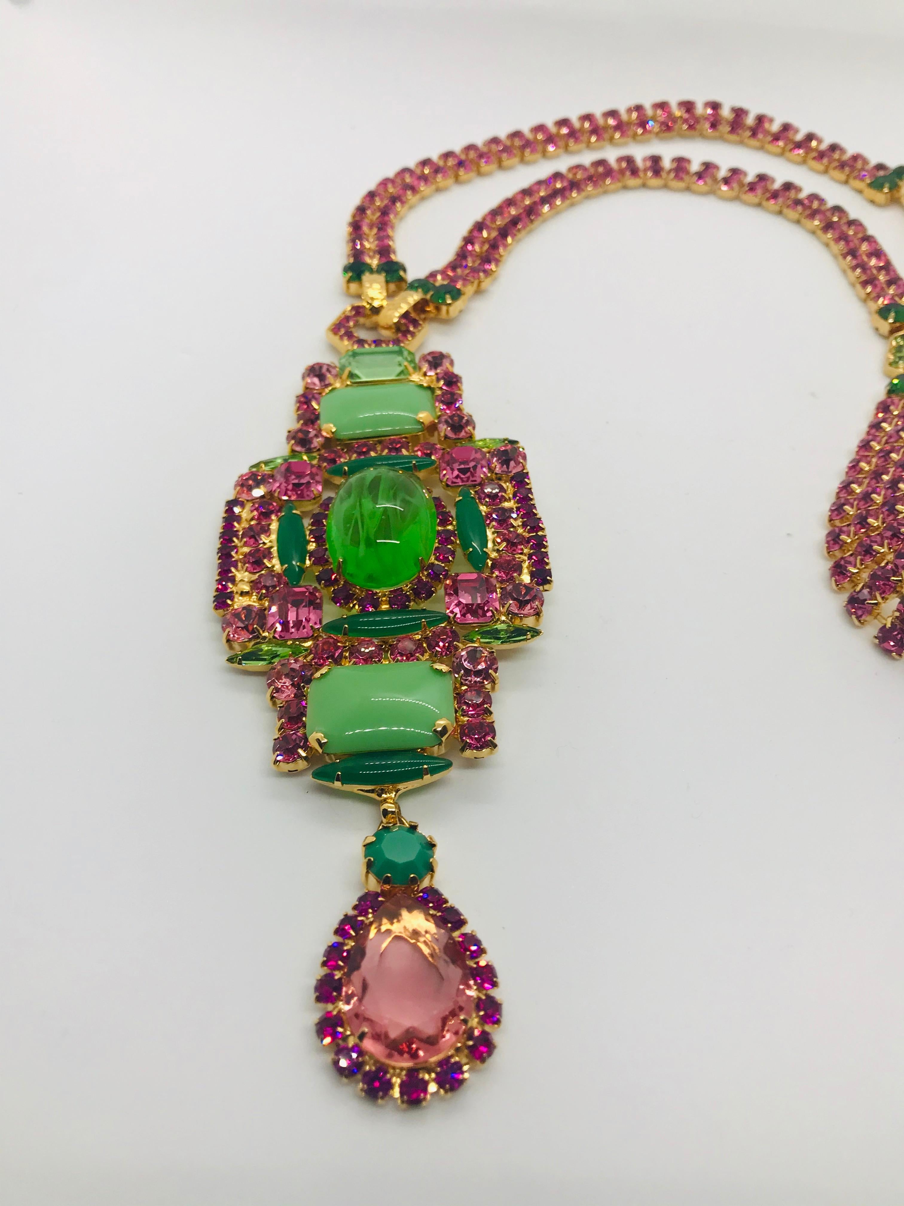 Art Deco Multi Pink Austrian Crystal and Jadite Long Sautoire Necklace For Sale