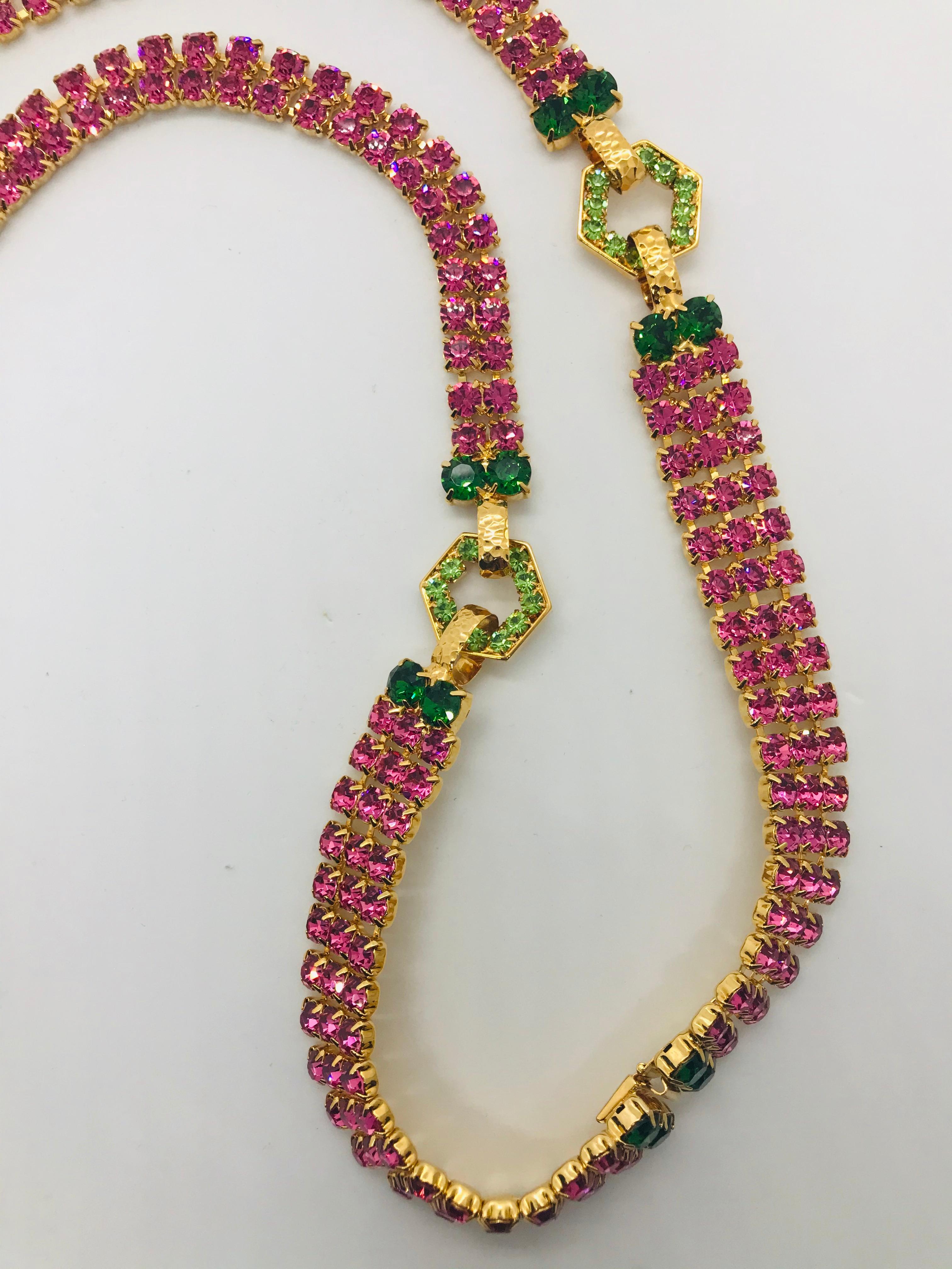 Oval Cut Multi Pink Austrian Crystal and Jadite Long Sautoire Necklace For Sale