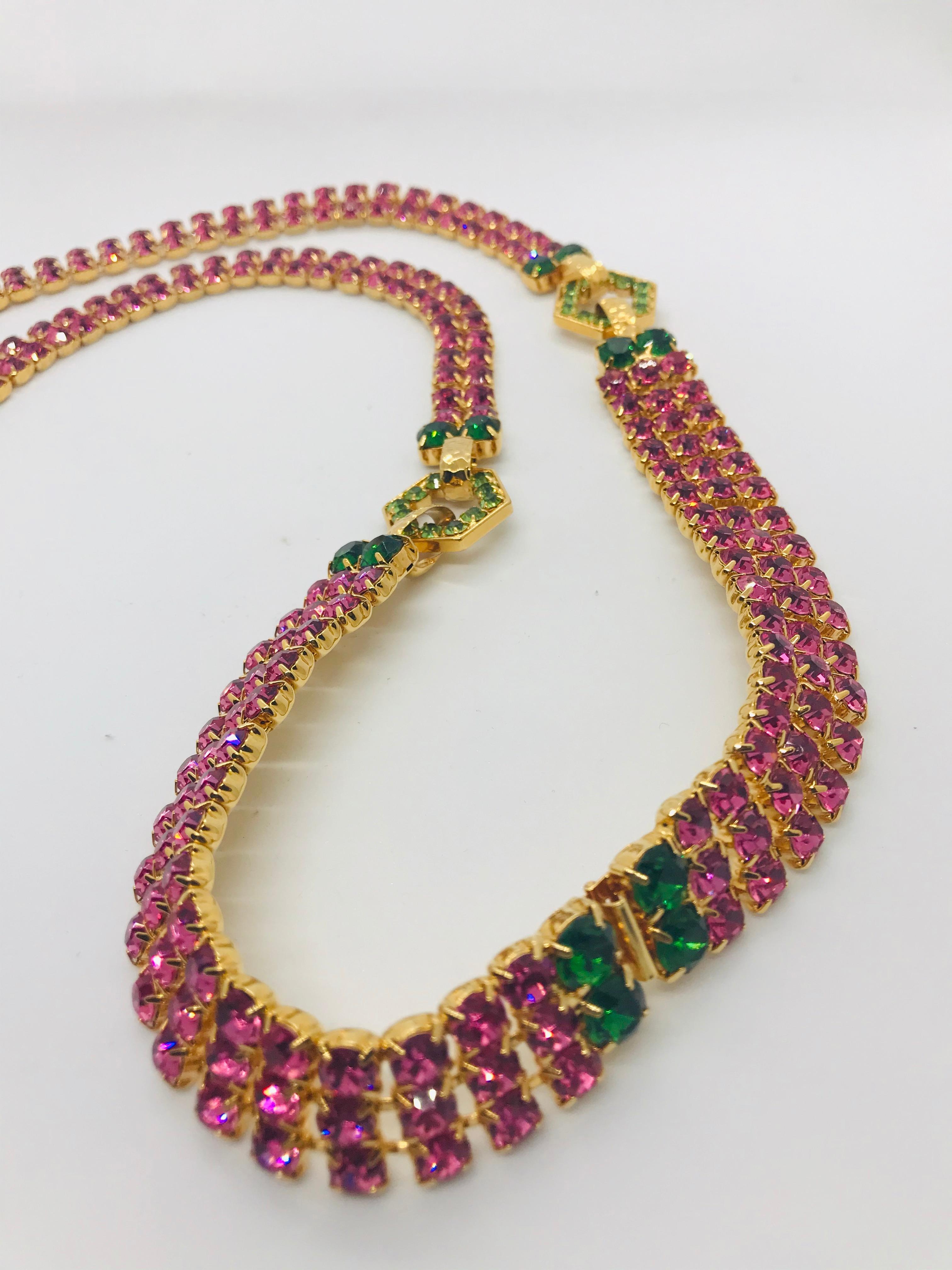 Multi Pink Austrian Crystal and Jadite Long Sautoire Necklace For Sale 2