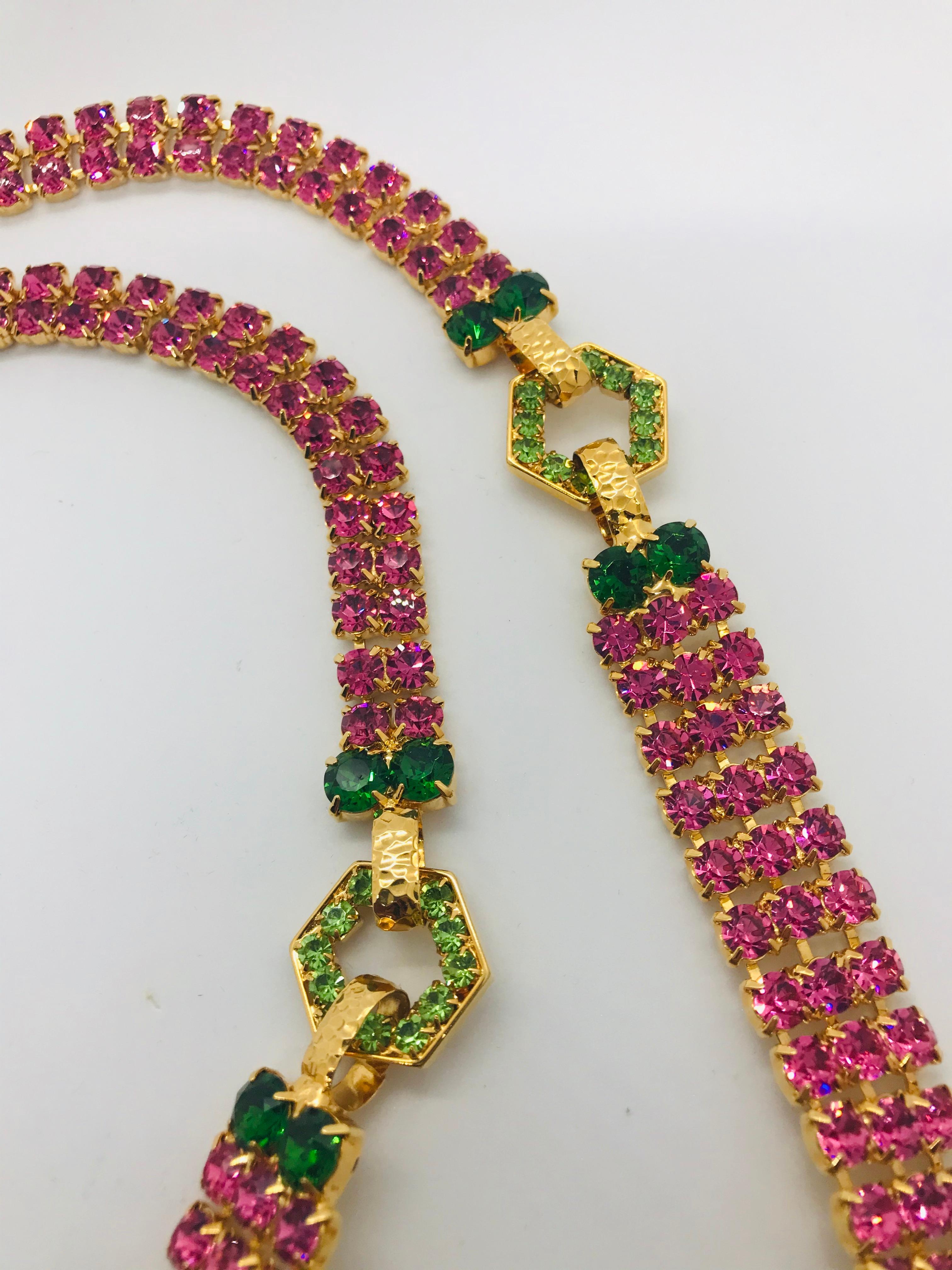Multi Pink Austrian Crystal and Jadite Long Sautoire Necklace For Sale 3