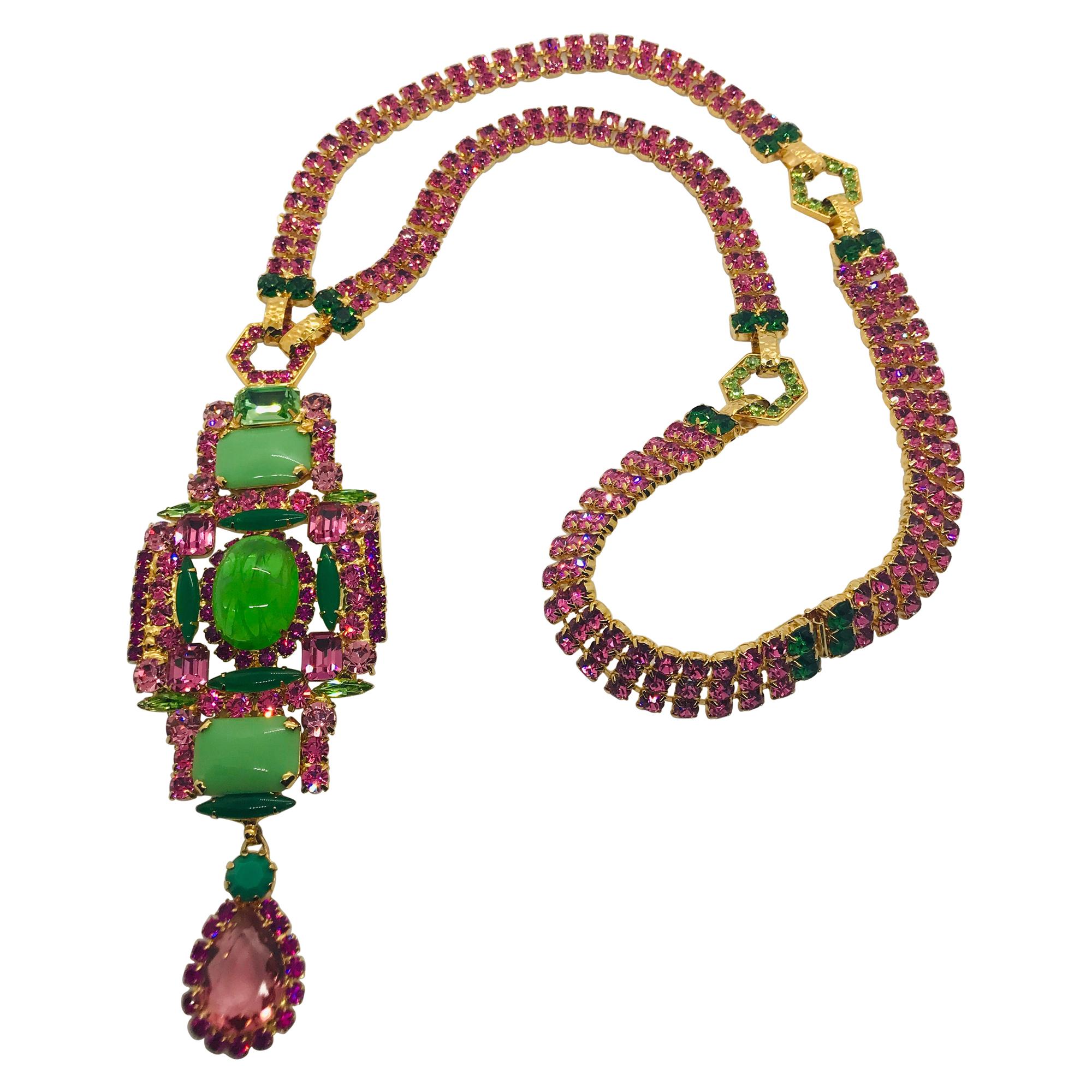 Multi Pink Austrian Crystal and Jadite Long Sautoire Necklace For Sale