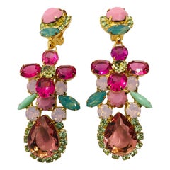 Multi Pink Floral Vintage Swarovski and Austrian Crystal Pendant Drop Earrings