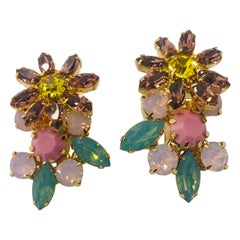 Multi Pink Swarovski Austrian Crystal Dimensional Floral Cluster Earrings