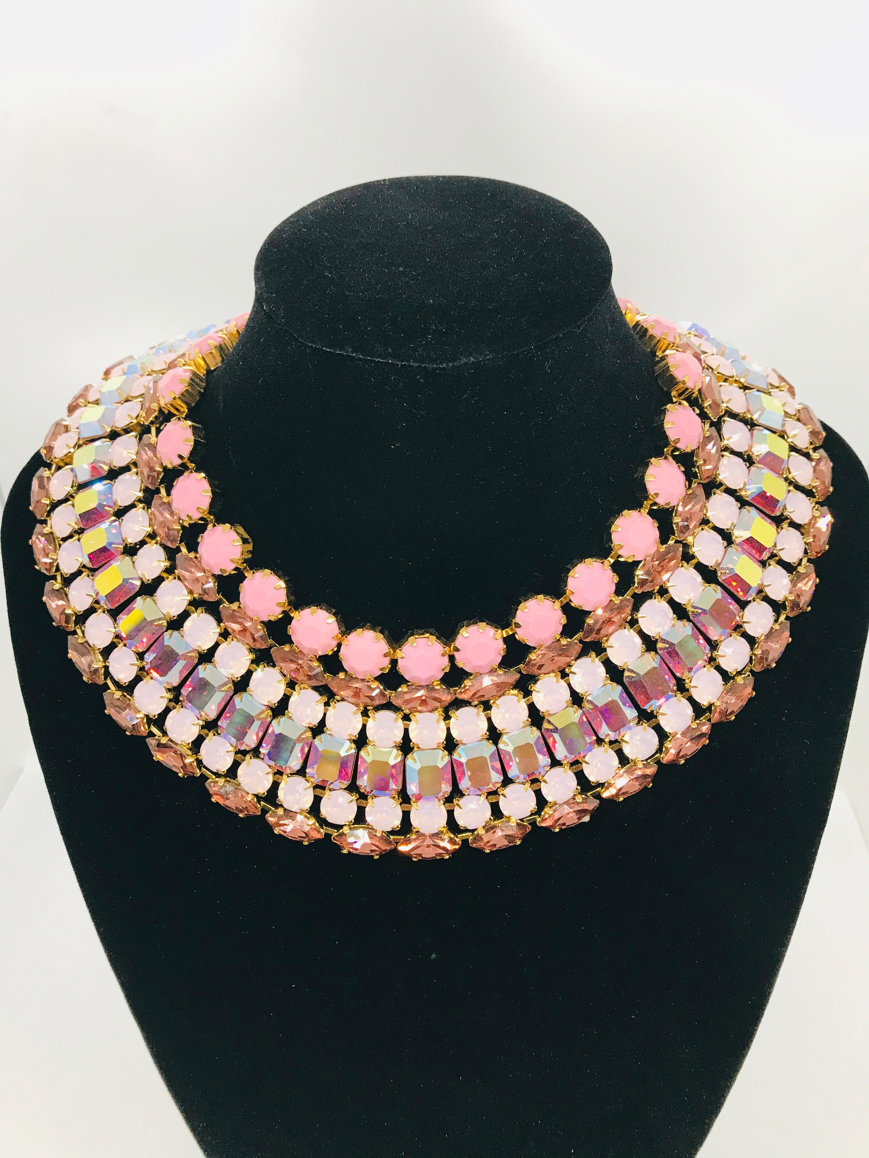 Round Cut Multi Pink Vintage Swarovski Crystal Art Deco Collar Necklace For Sale