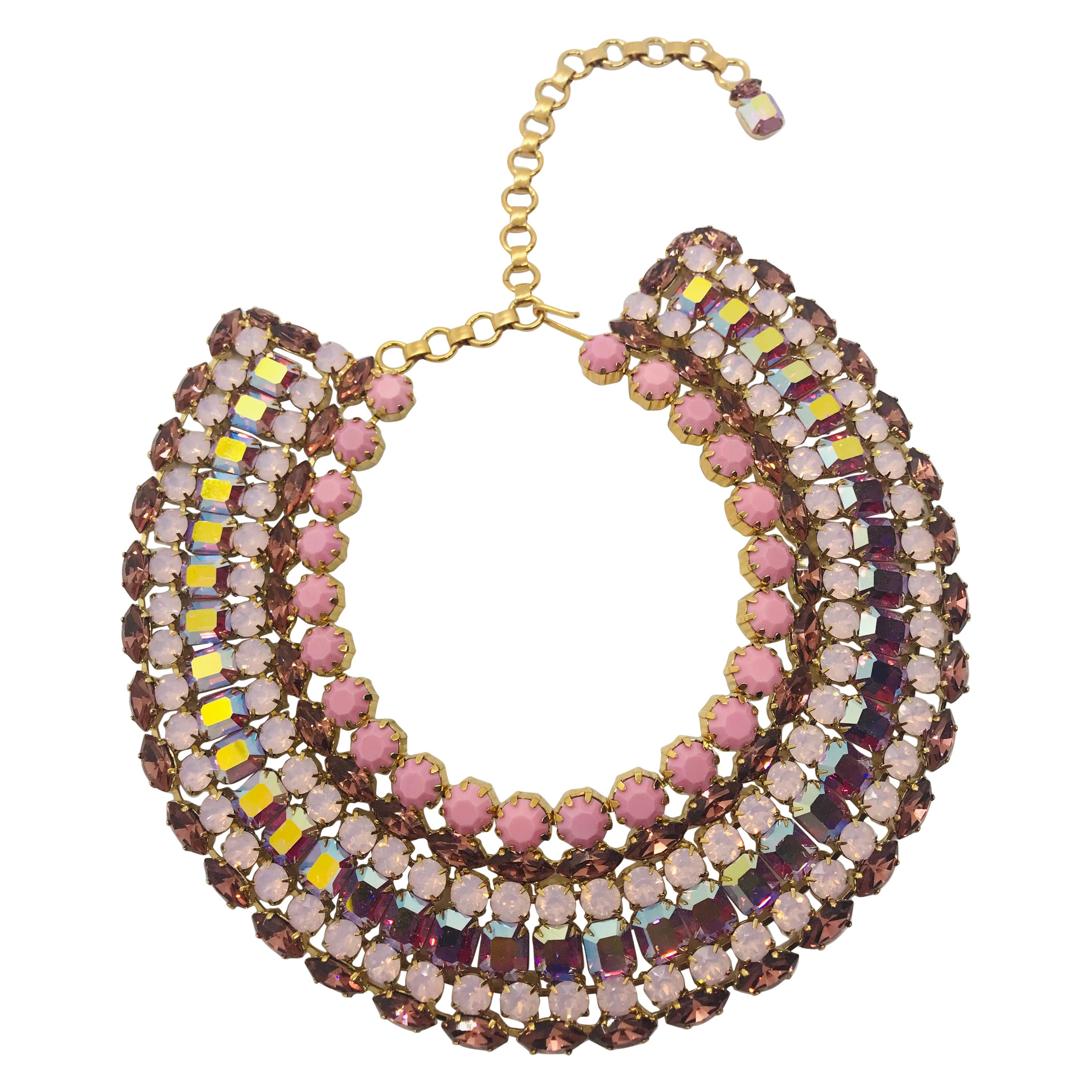 Multi Pink Vintage Swarovski Crystal Art Deco Collar Necklace For Sale