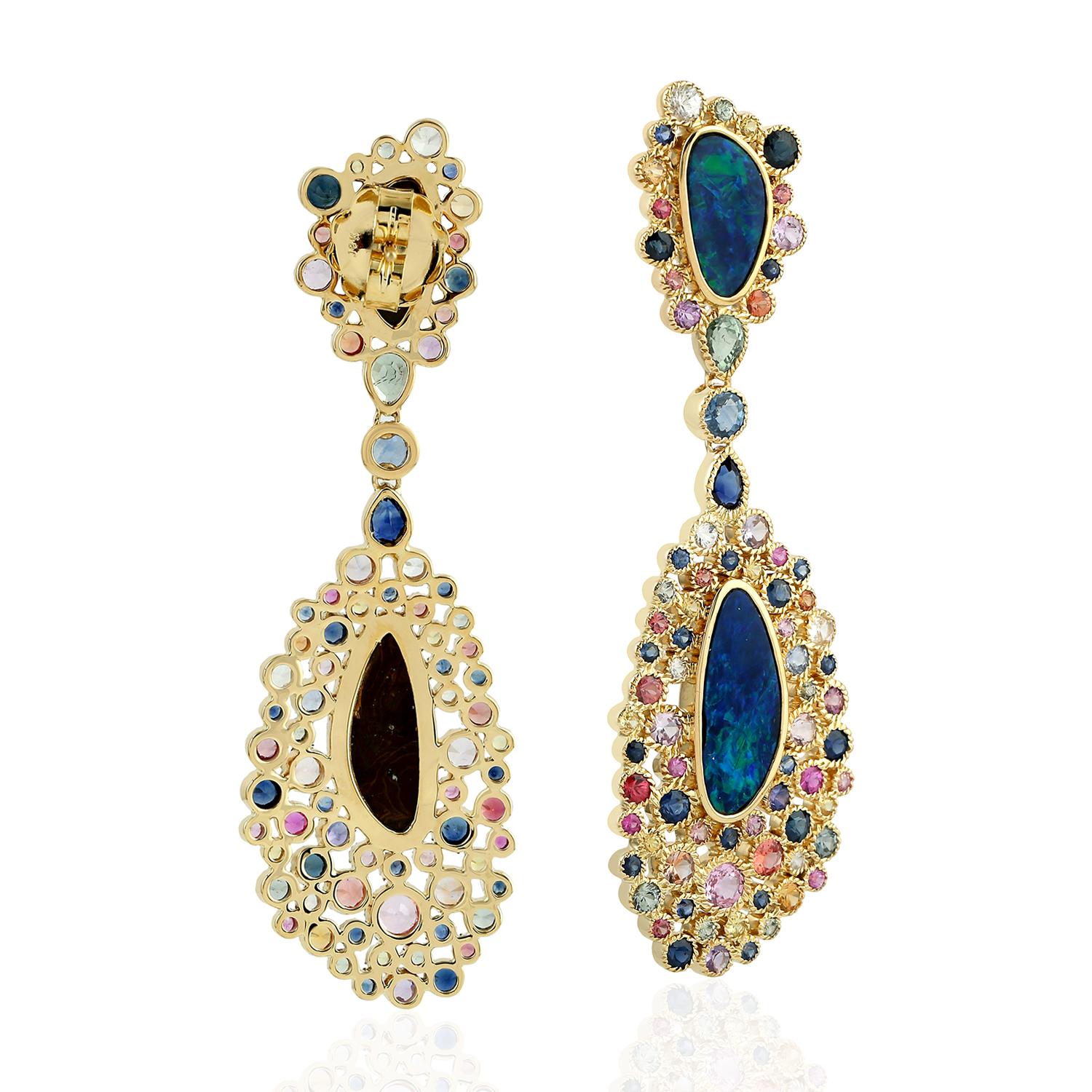 Contemporary Multi Rainbow Sapphire Dangle Earrings With Opal Made In 18k yellow Gold For Sale