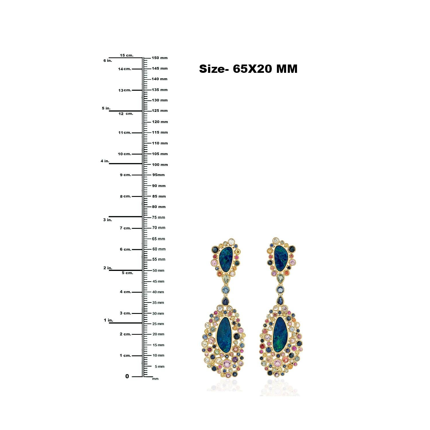 Mixed Cut Multi Rainbow Sapphire Dangle Earrings With Opal Made In 18k yellow Gold For Sale